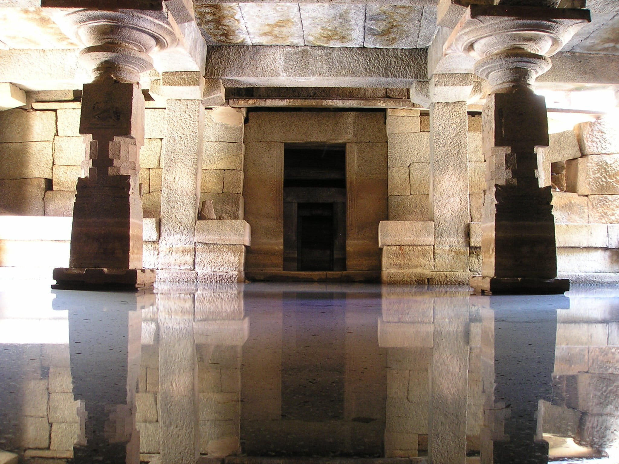 reflection, concrete, outdoors, brown, columns, building exterior, column, travel destinations, pilars, stone, art, shiva temple, underground, water, history, HD Wallpaper