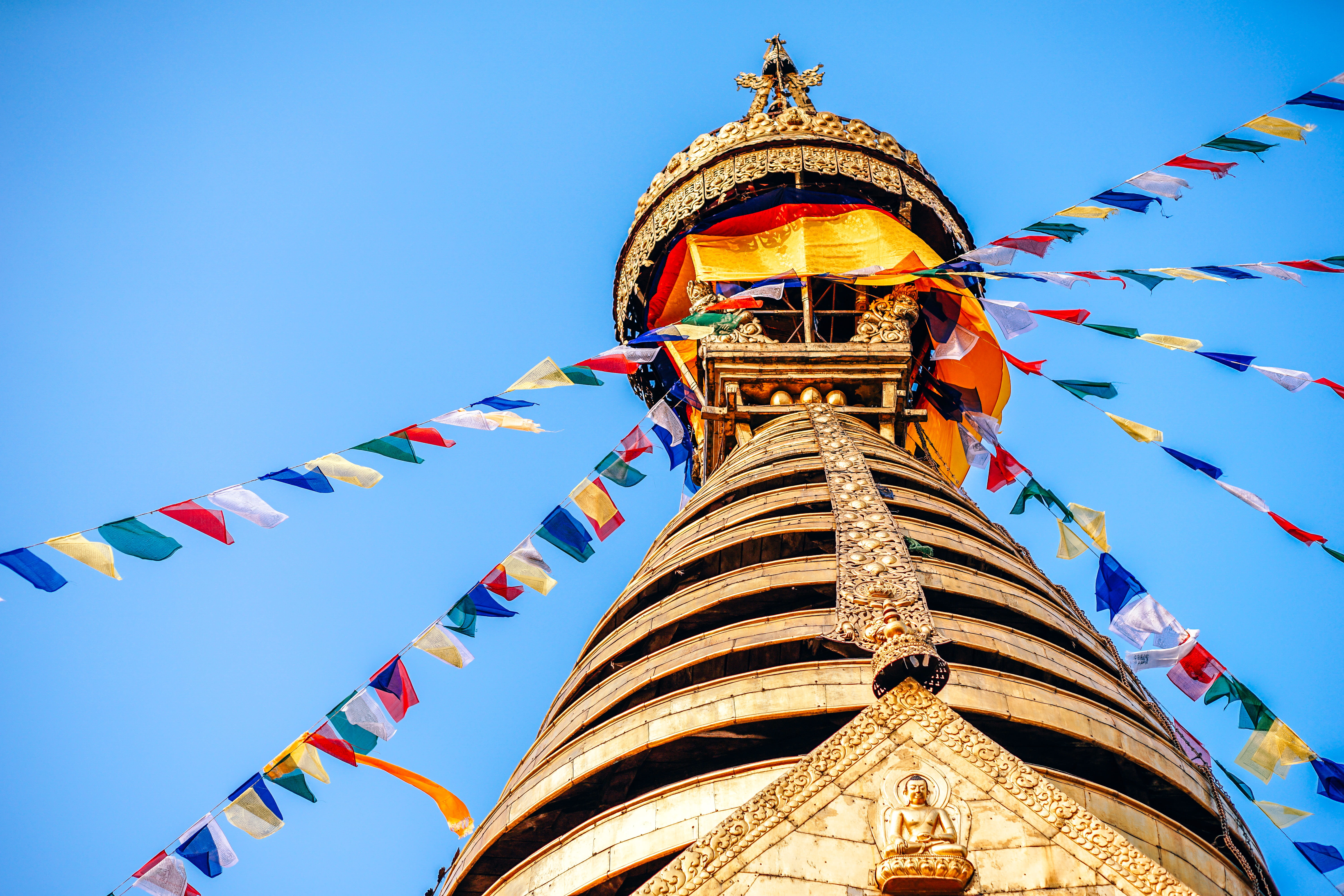 outdoors, clear sky, blue, place of worship, 5K, brown, flag, photography, temple, siv, low angle view, spirituality, decoration, ornate, tower, low, tourist, HD Wallpaper