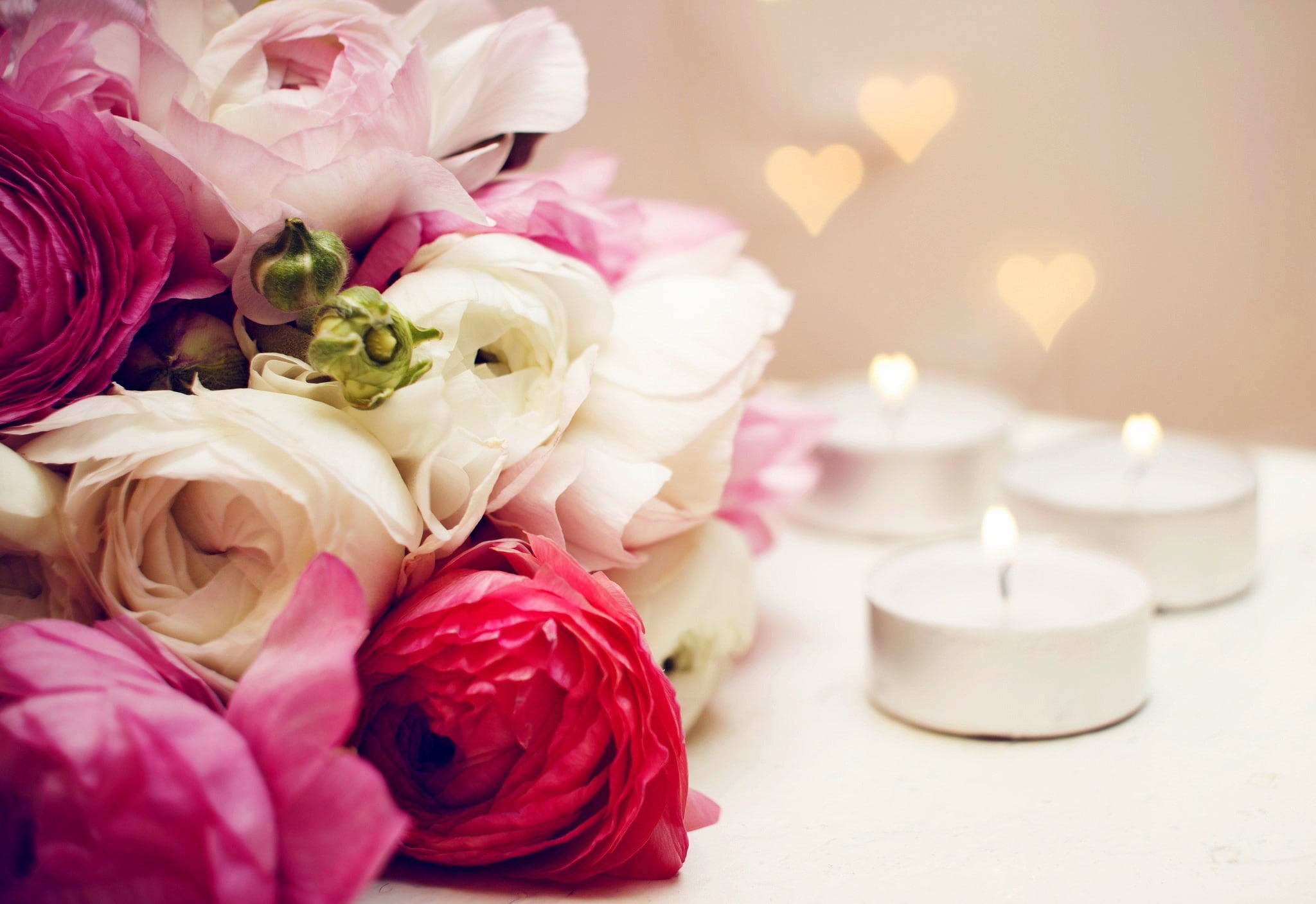 candles, candle, tealight, flowers, 1080P, heart, bouquet, HD Wallpaper