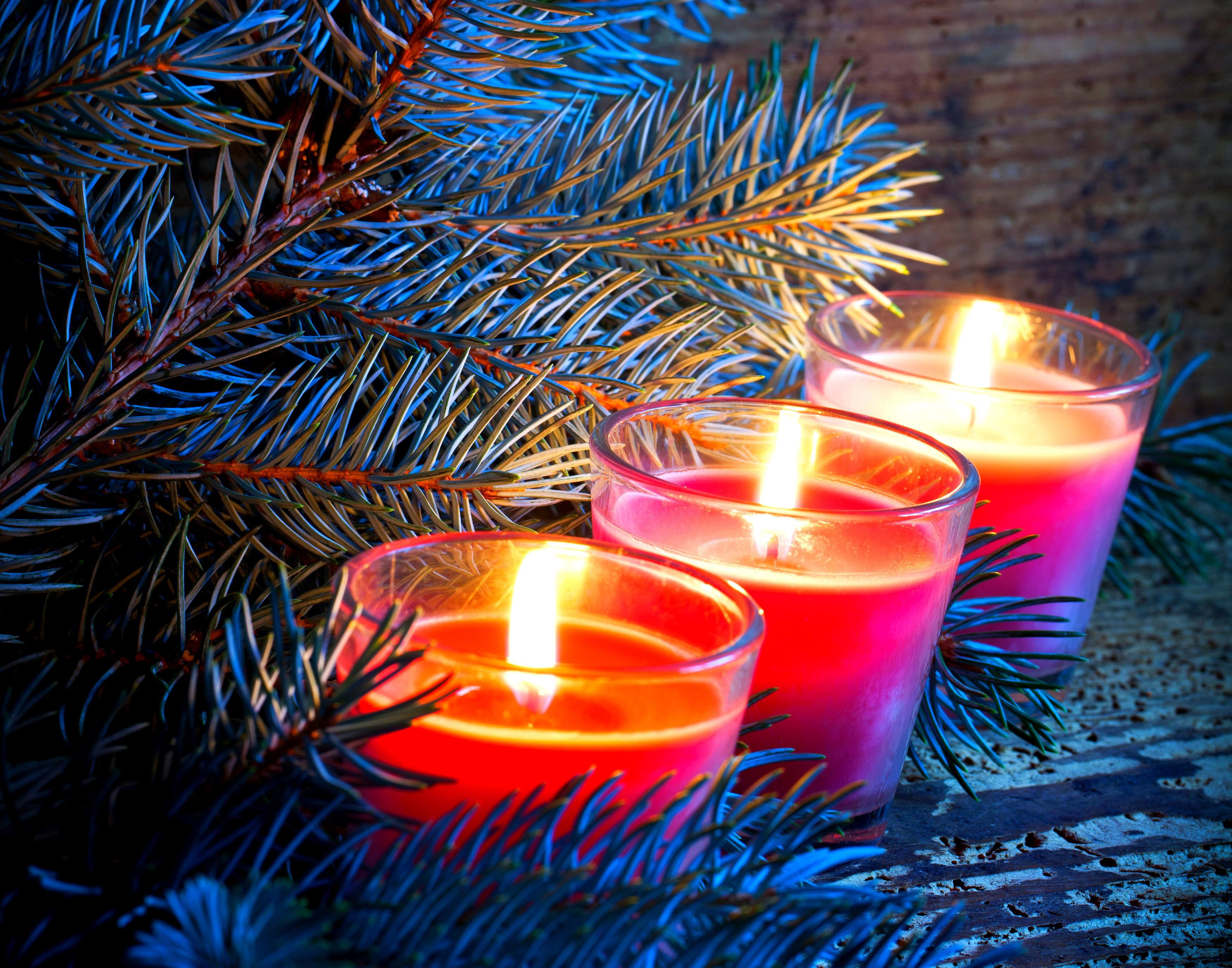 miscellaneous, 2K, tealights, candles, holidays, red, three 3, three, christmas, branches, HD Wallpaper
