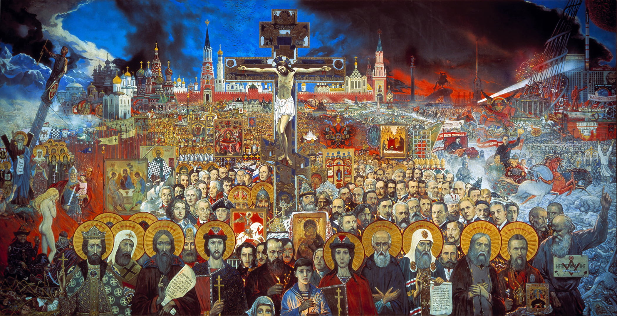 ornate, indoors, painted Image, people, sculpture, church, Ilya Glazunov, christianity, abundance, large group of objects, Eternal Russia, art, old, 1080P, HD Wallpaper