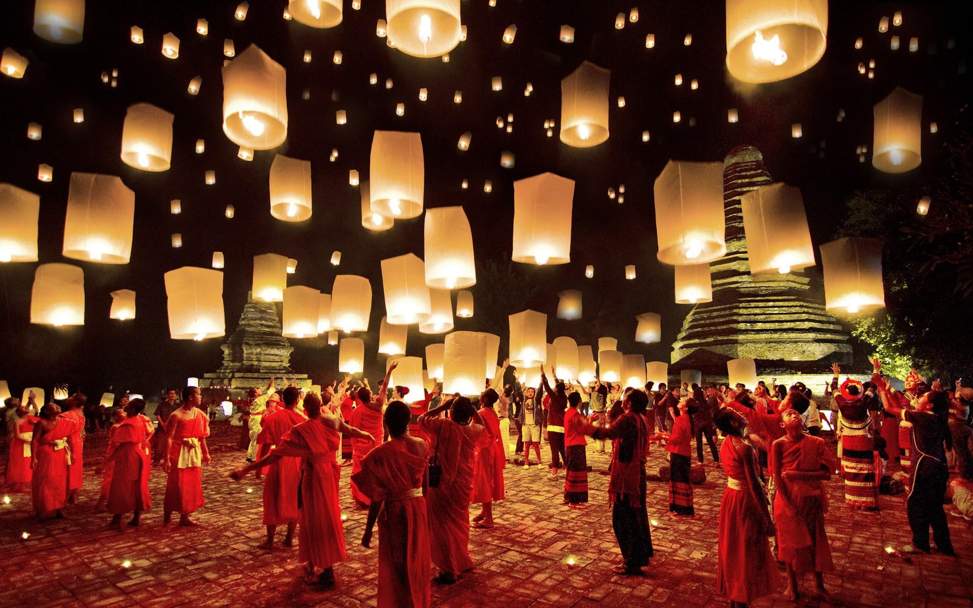 lantern, temple, 3d and abstract, celebration, 1080P, chinese, HD Wallpaper