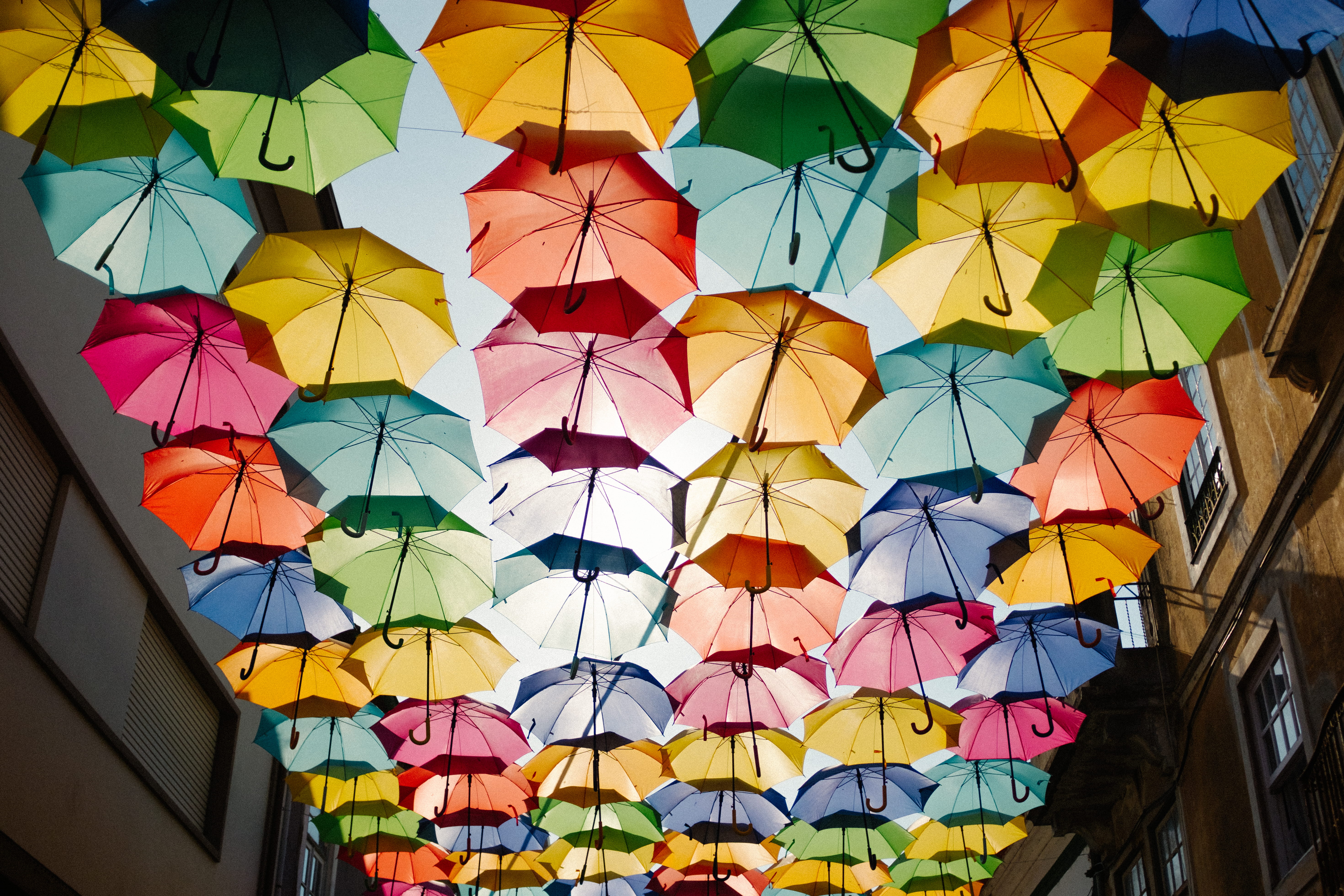 portugal, aveiro, pattern, protected, weather, texture, umbrella, bright, blue, suspended, single Object, assorted, portuguese city, yellow, rain, covering, HD Wallpaper