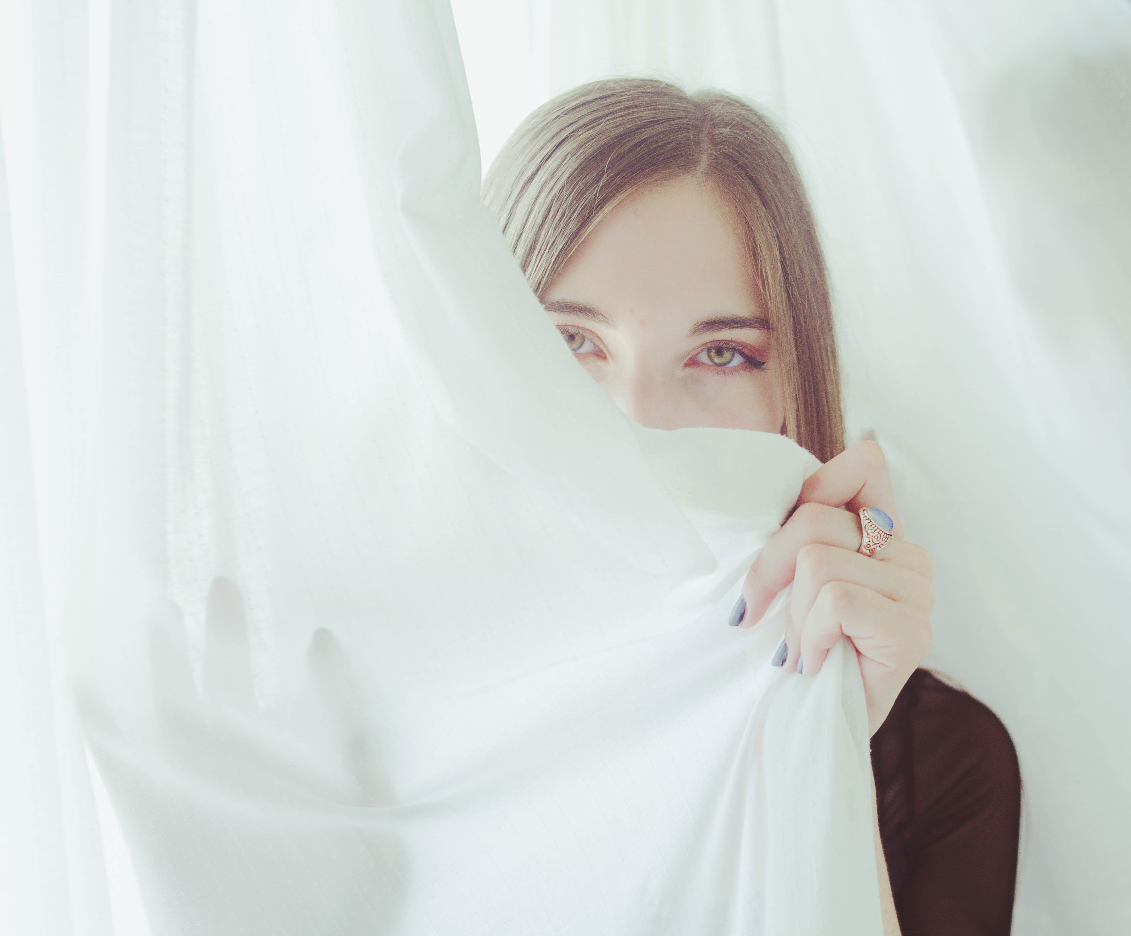 one person, bright blue, behind, young adult, portrait, women, human face, window, blue, bed, woman, caucasian, eye, headshot, cloth, brunette, beautiful woman, HD Wallpaper