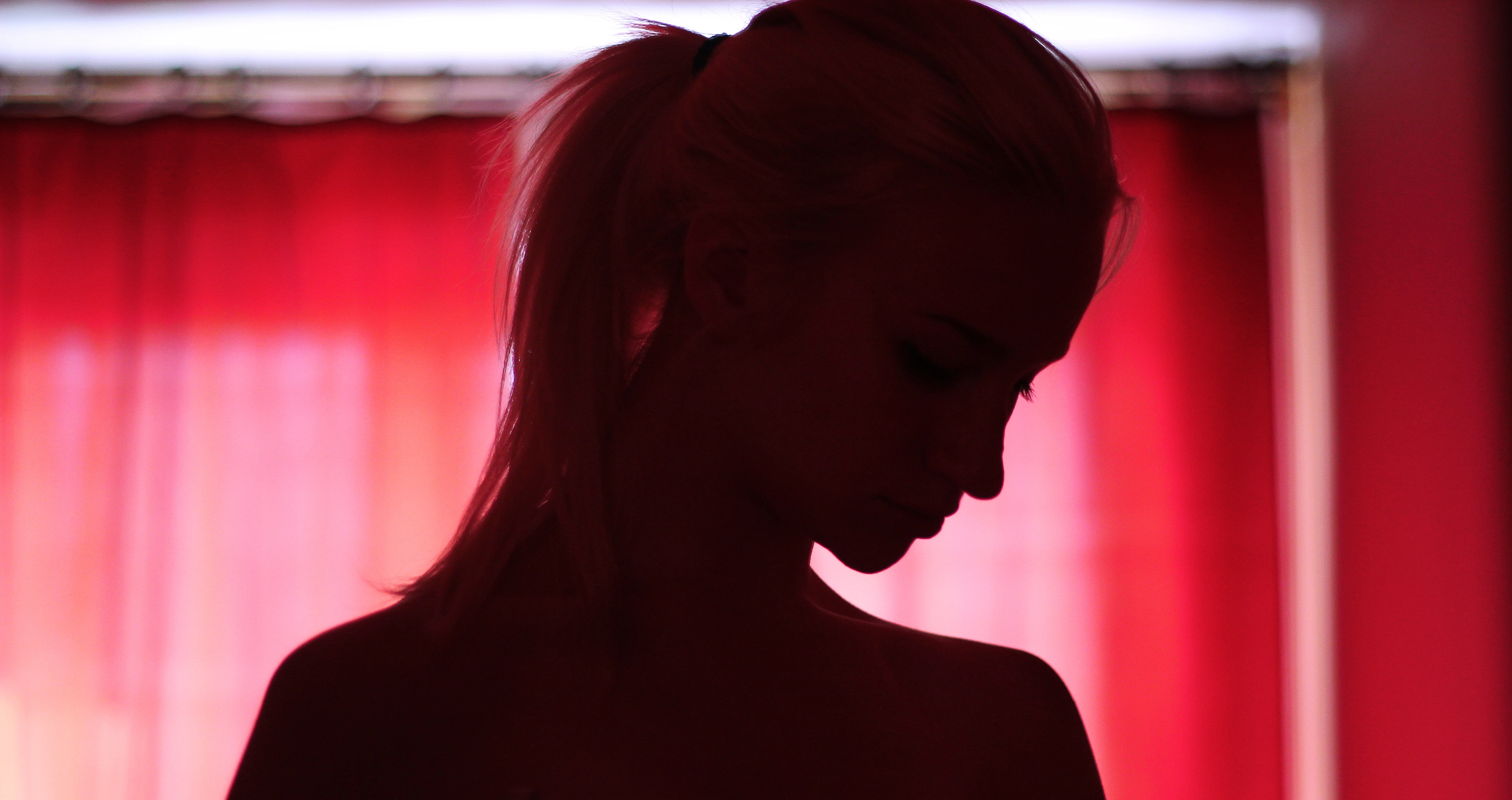 profile view, side view, contemplation, eyes closed, people, females, long hair, girl, close-up, hair, women, red light, portrait, curtain, indoors, pony, HD Wallpaper