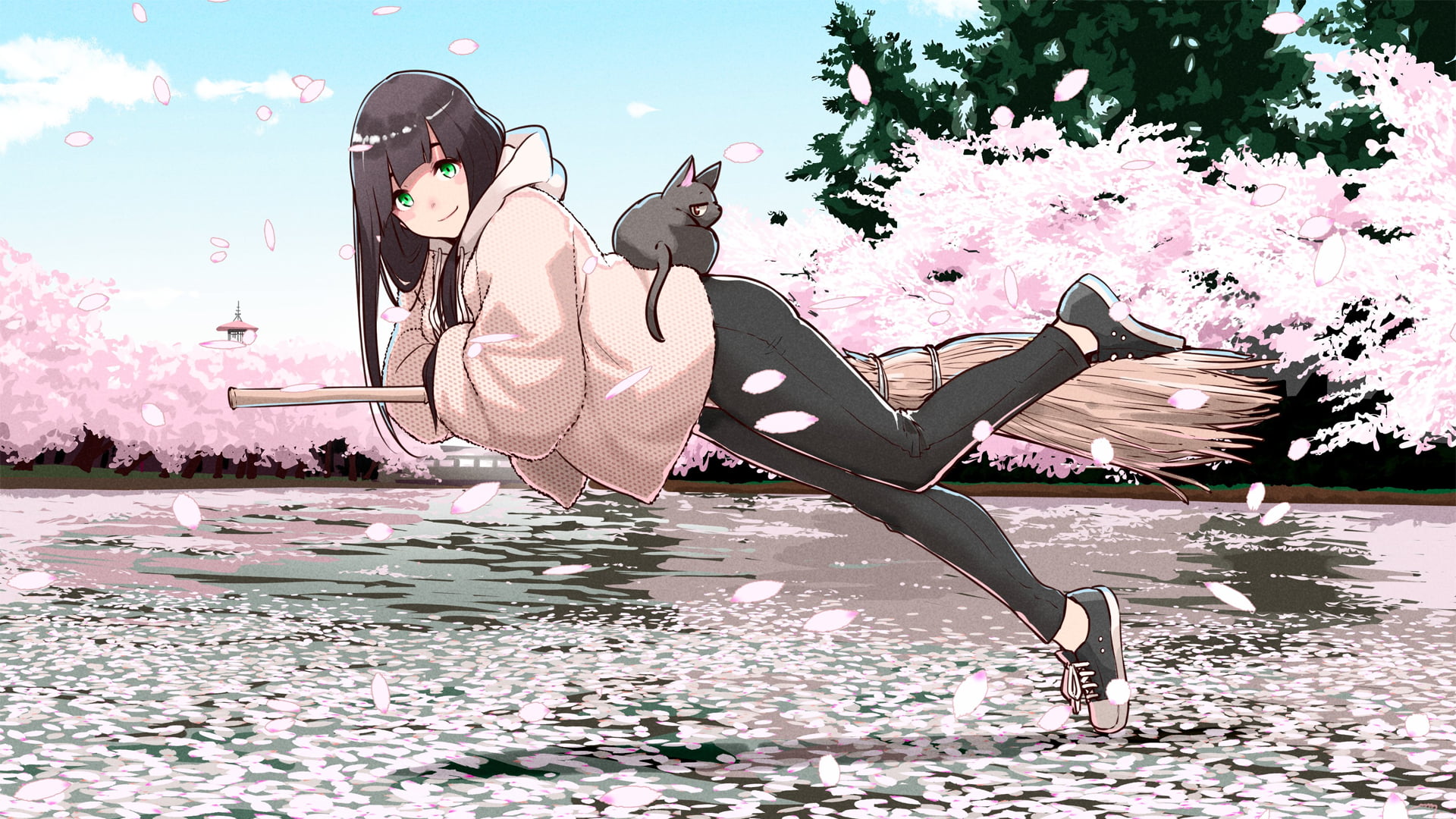 anime, witch, Makoto Kowata, thigh-highs, lying on front, landscape, pants, 1080P, cats, spring, Sakura blossom, looking at viewer, anime girls, broom, HD Wallpaper