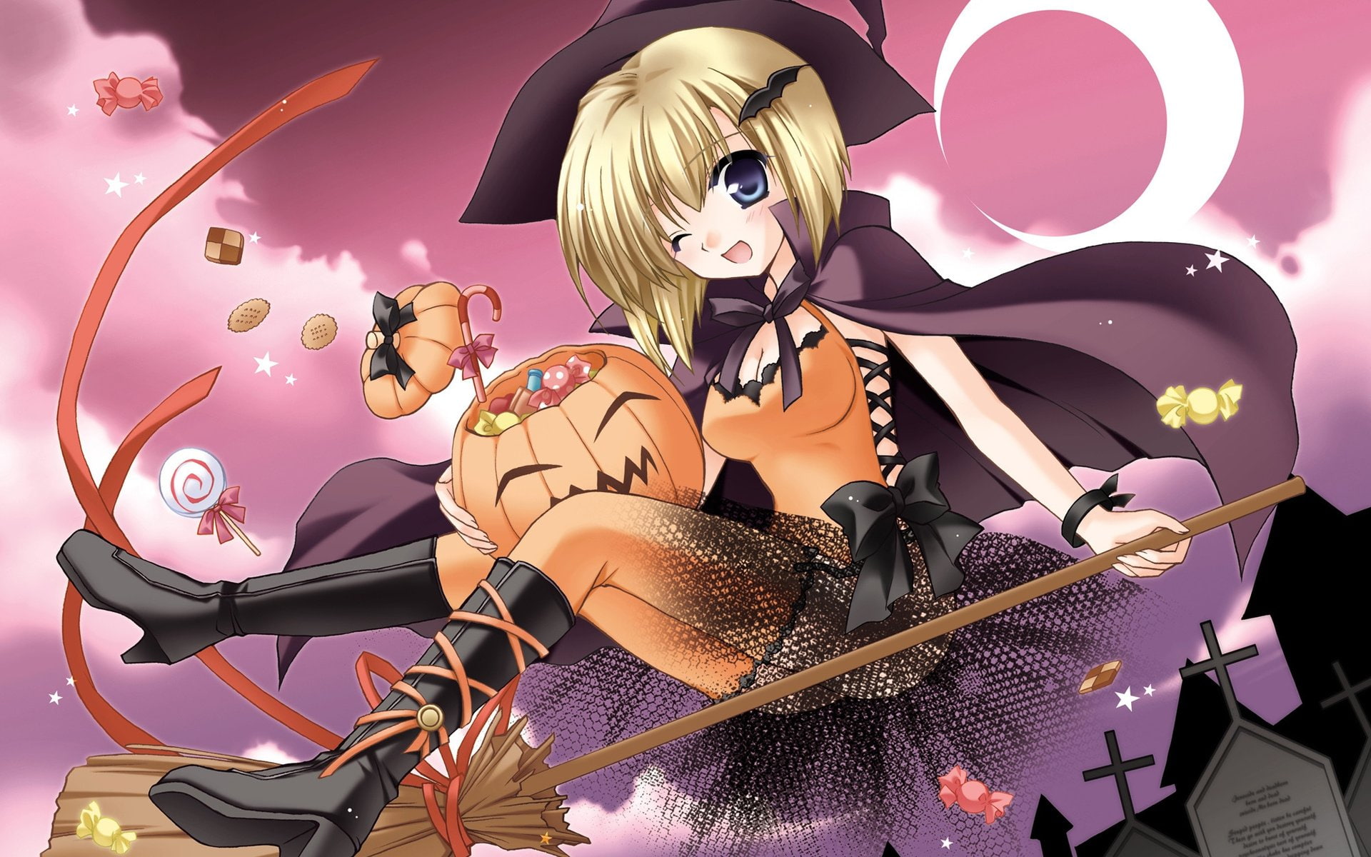 minase, halloween, broom, girl, lin, art, 1080P, witch, HD Wallpaper
