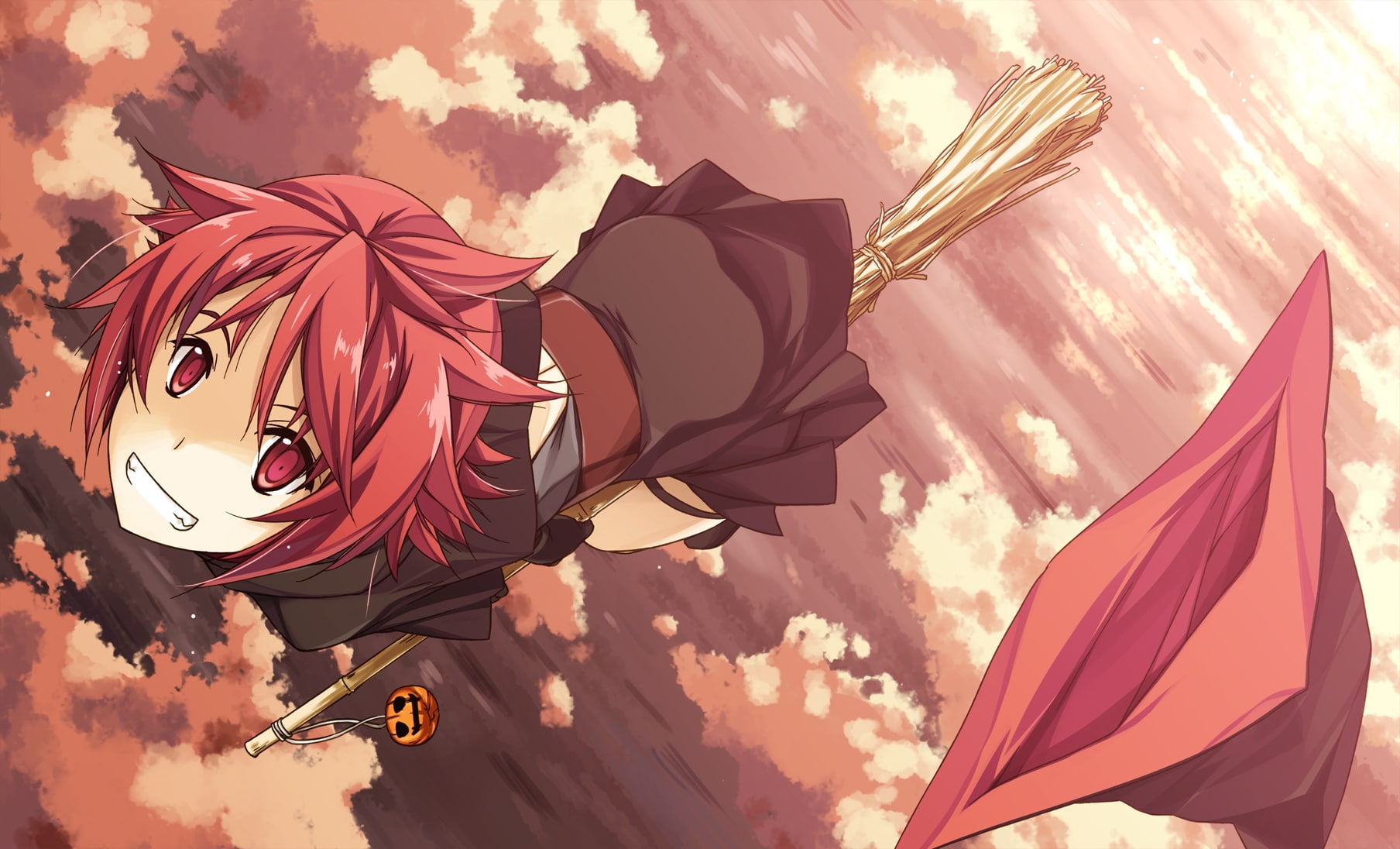 cloud - sky, orange color, witch, representation, animal representation, 720P, arts culture and entertainment, nature, redhead, no people, smiling, broom, HD Wallpaper