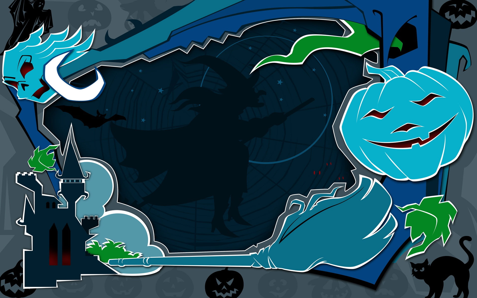 web, bats, Jack, black cat, witch, 1080P, home of the witches, Halloween, on the broom, darkness, night, pumpkins scary, skull, HD Wallpaper