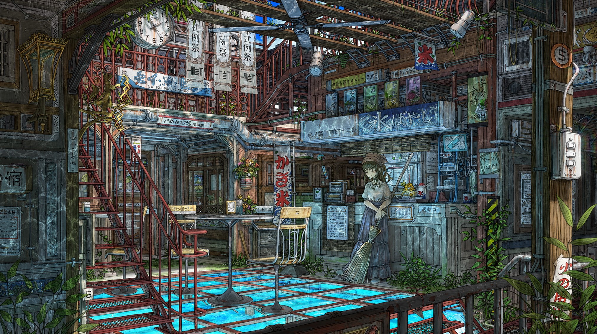 closed eyes, cafes, anime girls, original characters, indoors, broom, 1080P, HD Wallpaper