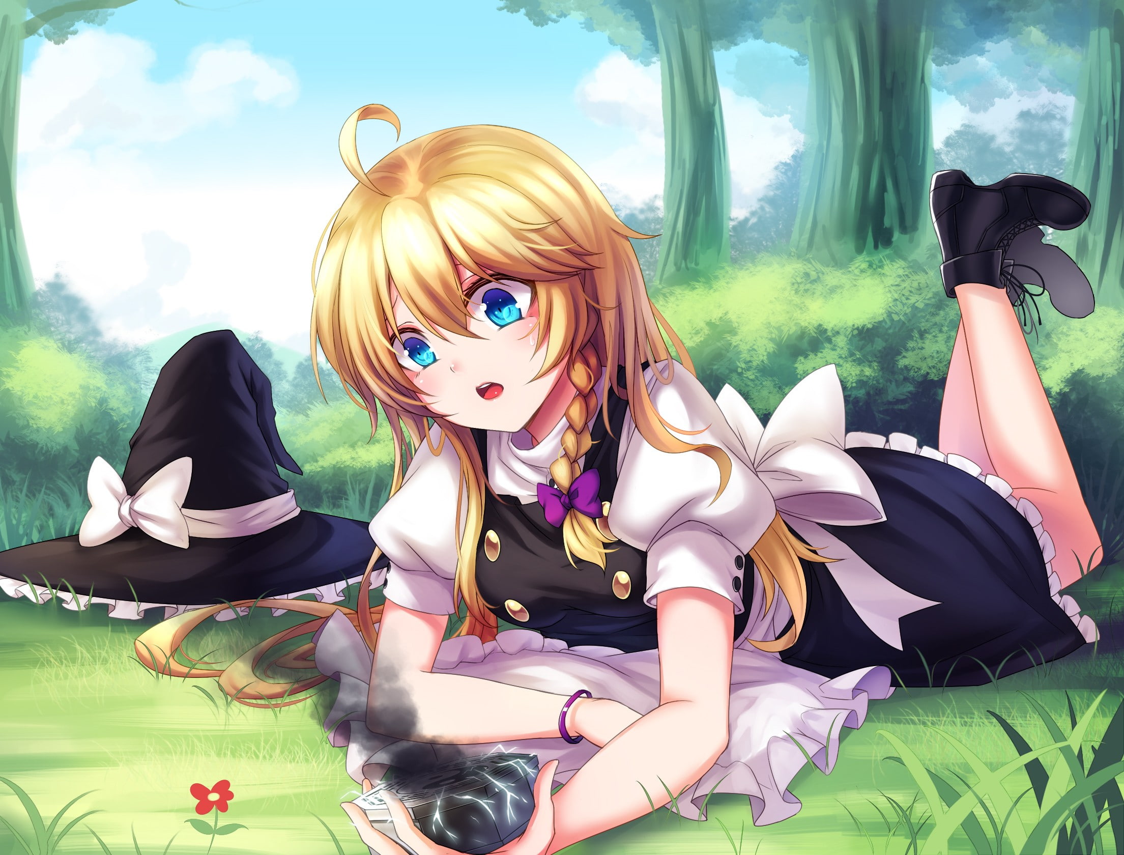 long hair, Kirisame Marisa, blonde, anime girls, anime, forest, 1080P, legs, Touhou, blue eyes, witch, heels, grass, HD Wallpaper