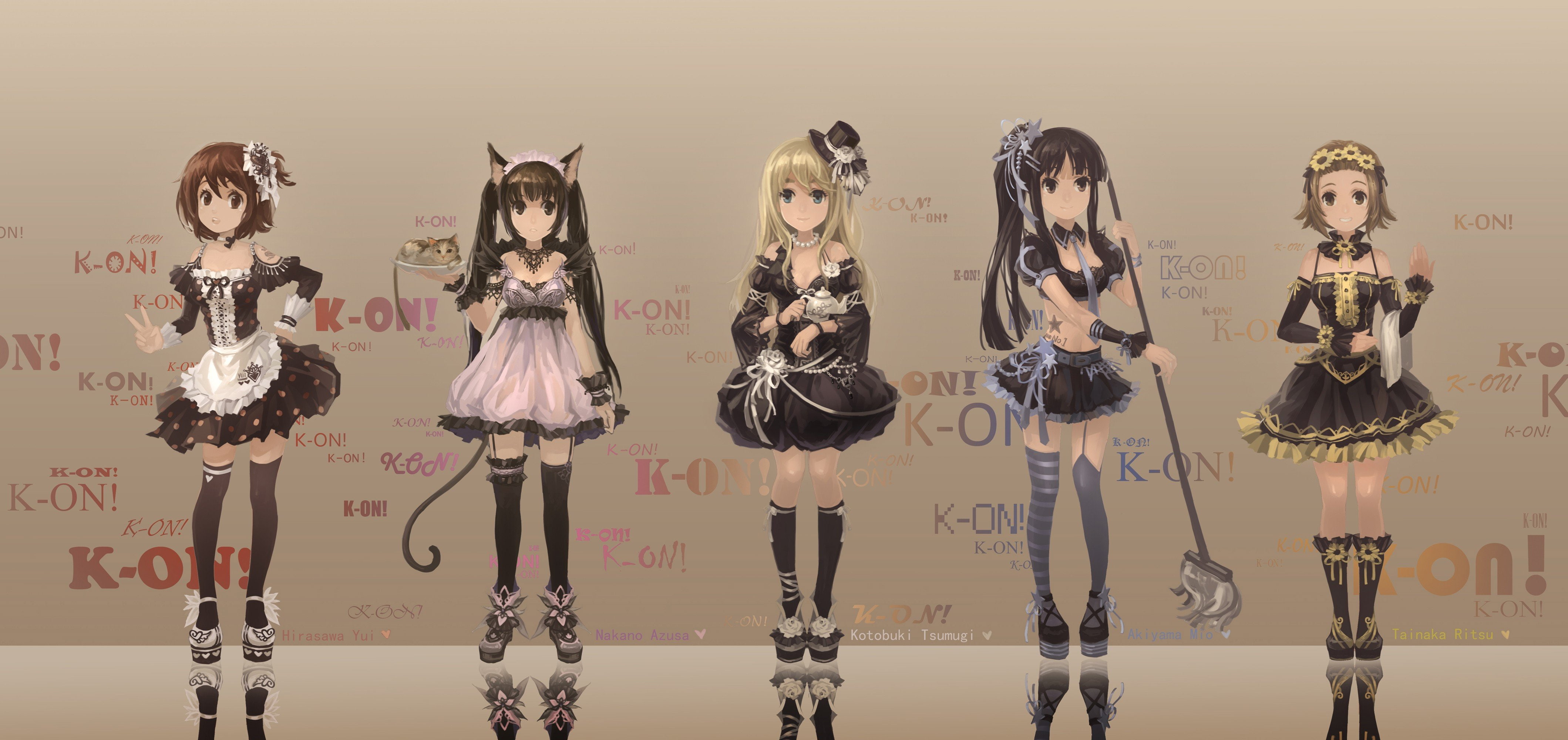 anime, brooms, cats, ears, striped, black, highs, kotobuki, tails, animal, blondes, akiyama, tie, tattoos, soft, hair, animals, azusa, hirasawa, tsumugi, HD Wallpaper