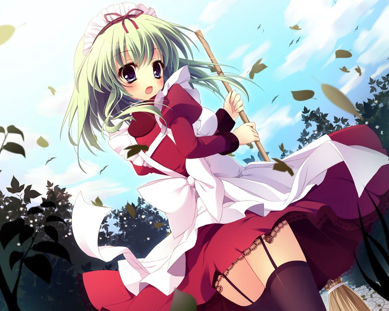 outdoors, red, blonde, 720P, broom, dress, illustration, mask, festival, anime, white, celebration, art and craft, no people, close-up, leaves, sunlight, HD Wallpaper