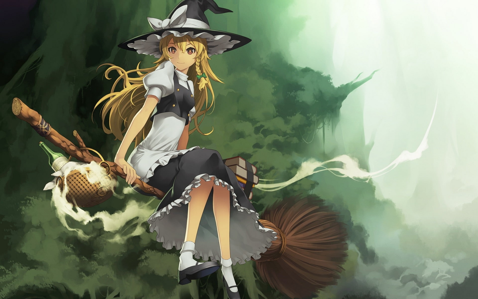 blondes, yellow, dress, eyes, long, nature, hair, Green, video, flying, hd, brooms, books, art, games, mar, touhou, kirisame, 1080P, HD Wallpaper