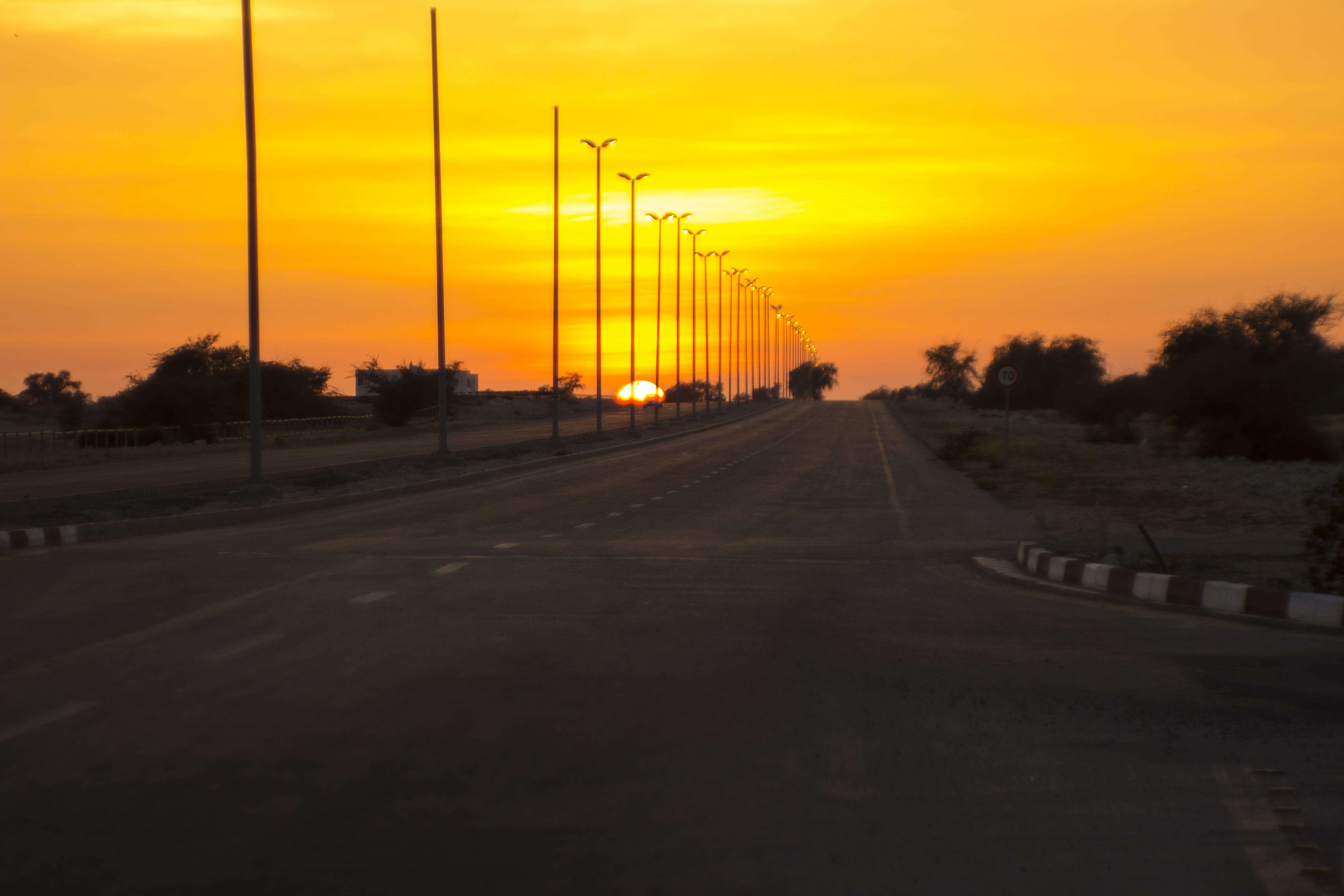 sun, no people, street, transportation, beauty in nature, tranquility, light, orange color, road, cloud - sky, kish island, electricity, tree, 5K, scenics - nature, HD Wallpaper