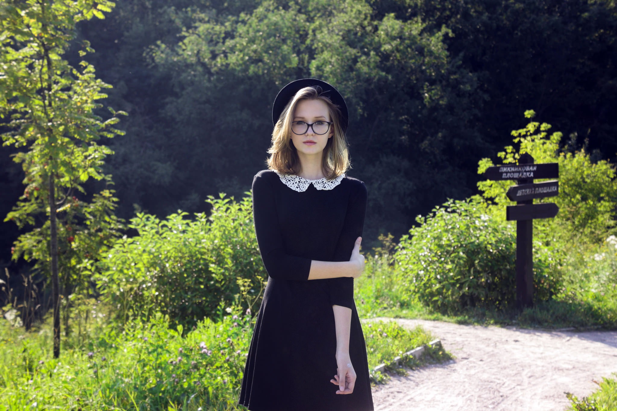 dress, outdoors, 2048x1365, portrait, black, girl, hat, 1080P, black dress, glasses, HD Wallpaper
