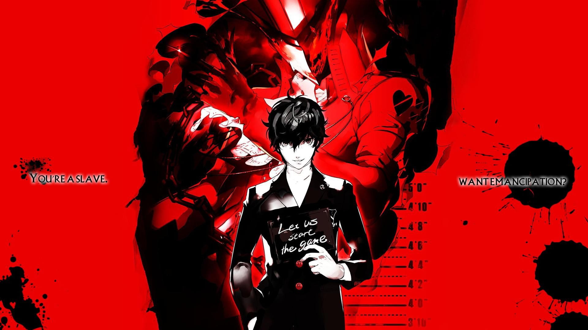 adult, obscured face, Persona 5, three quarter length, wall - building feature, colored background, people, women, shirt, red, black, red background, HD Wallpaper