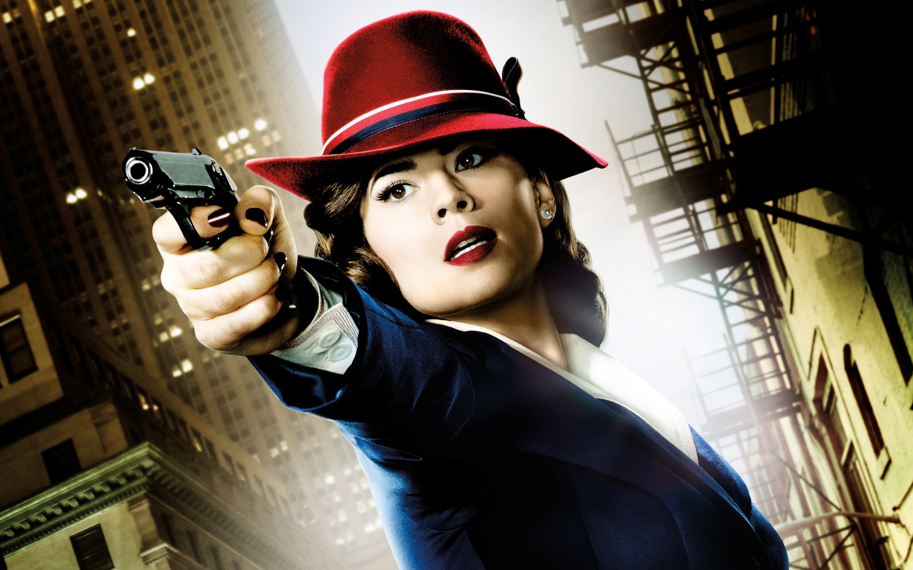 headshot, young adult, atwell, looking at camera, weapon, young women, red, 4K, holding, 2015, fedora, clothing, hayley, one person, hat, women, peggy, HD Wallpaper