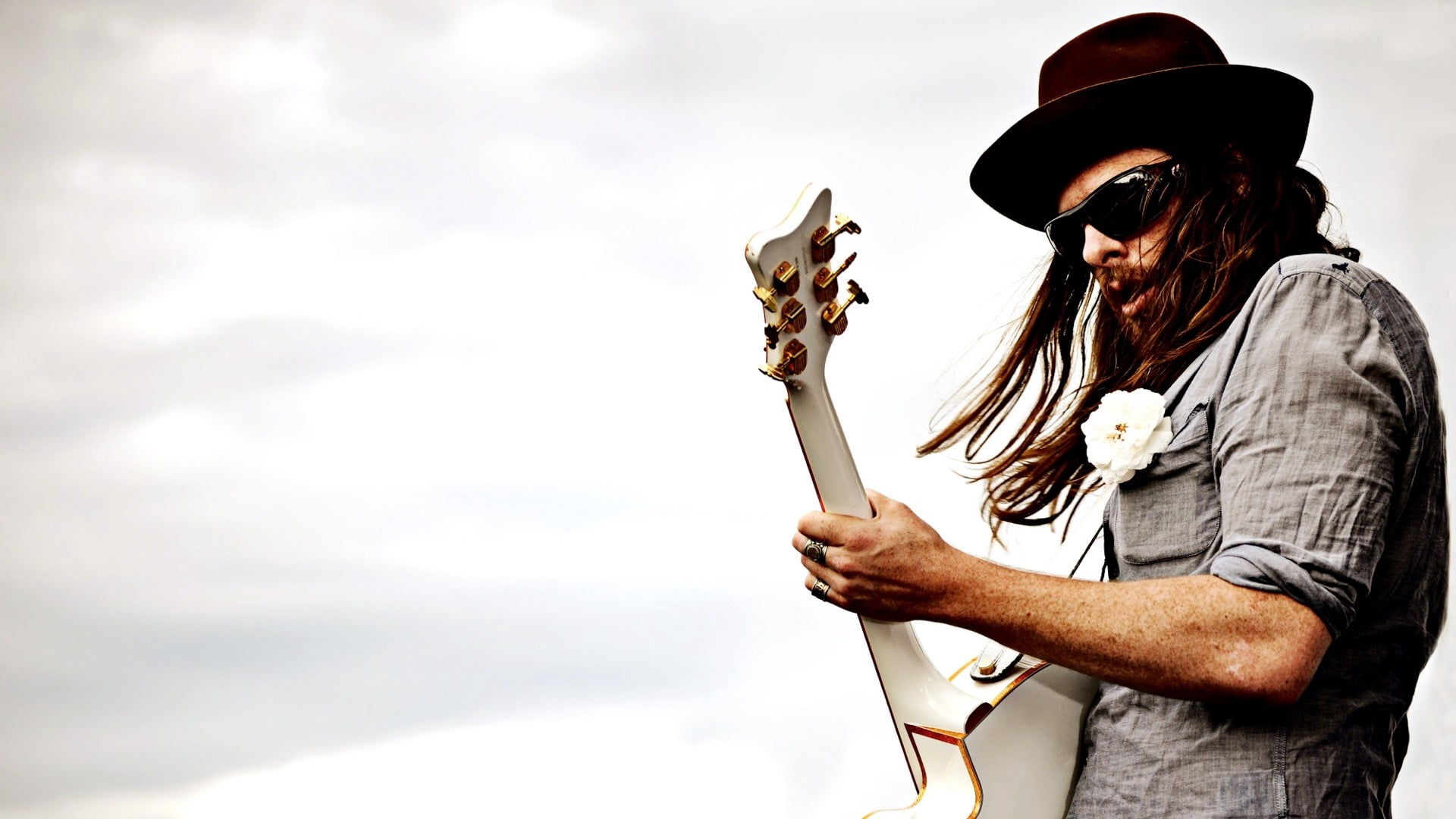 hat, guitar, outdoors, women, young adult, three quarter length, matt mays, females, adult, brown, fashion, real people, men, fedora, holding, profile view, HD Wallpaper