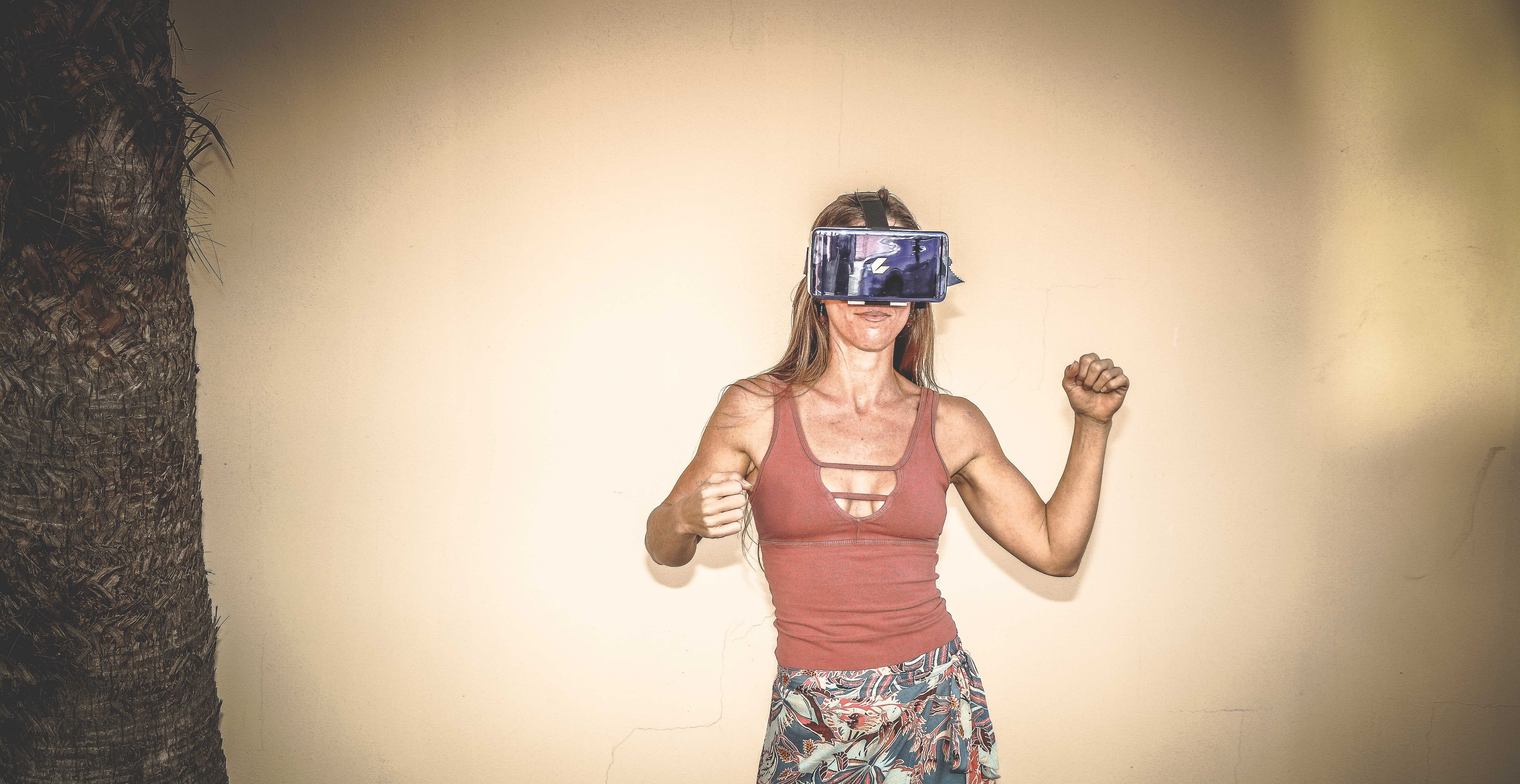 indoors, 5K, woman, lifestyles, blue, beautiful woman, wall - building feature, waist up, vr, sport, wall, vitality, women, virtual reality headset, female, HD Wallpaper