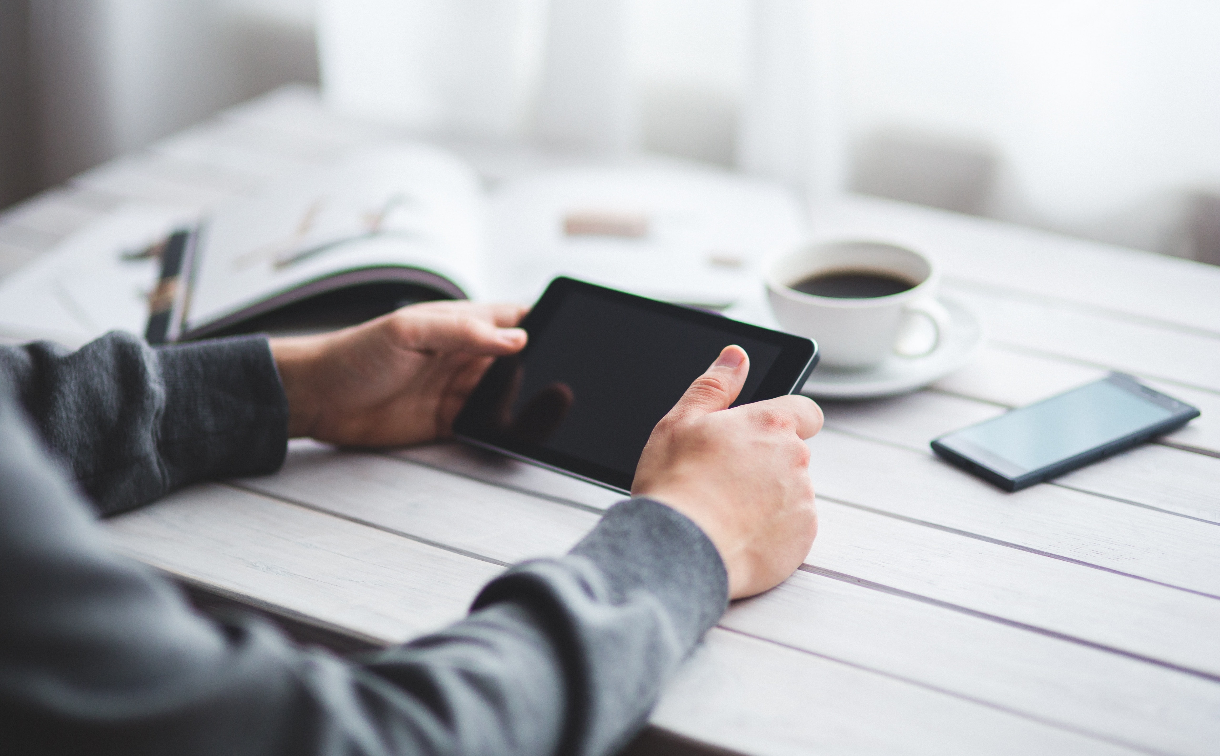 smart phone, computer, digital tablet, tablet, communication, Others, 5K, Device, Black, cup, portable information device, Working, Digital, human hand, HD Wallpaper