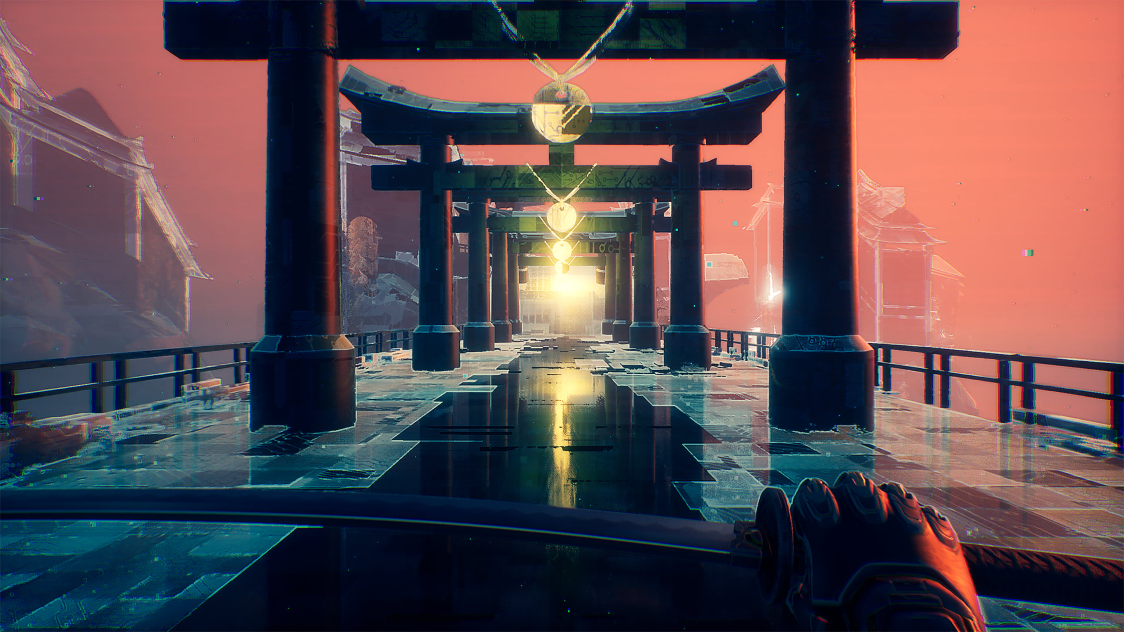weapon, 4K, katana, video games, science fiction, Asian architecture, gates, Ghostrunner, cyberpunk, screen shot, HD Wallpaper