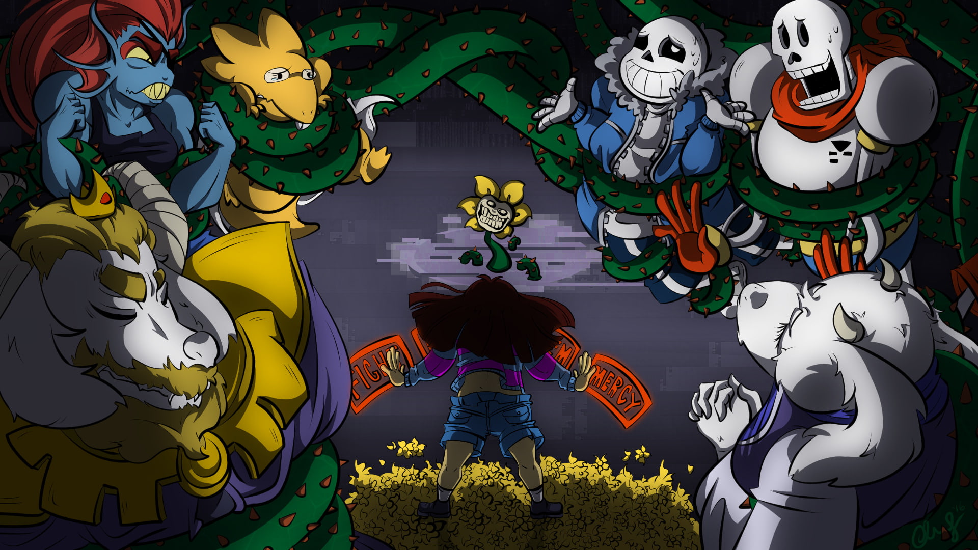 Undyne (Undertale), Frisk (Undertale), Undertale, Papyrus (Undertale), Flowey (Undertale), Video Game, Alphys (Undertale), Toriel (Undertale), Asgore (Undertale), HD Wallpaper