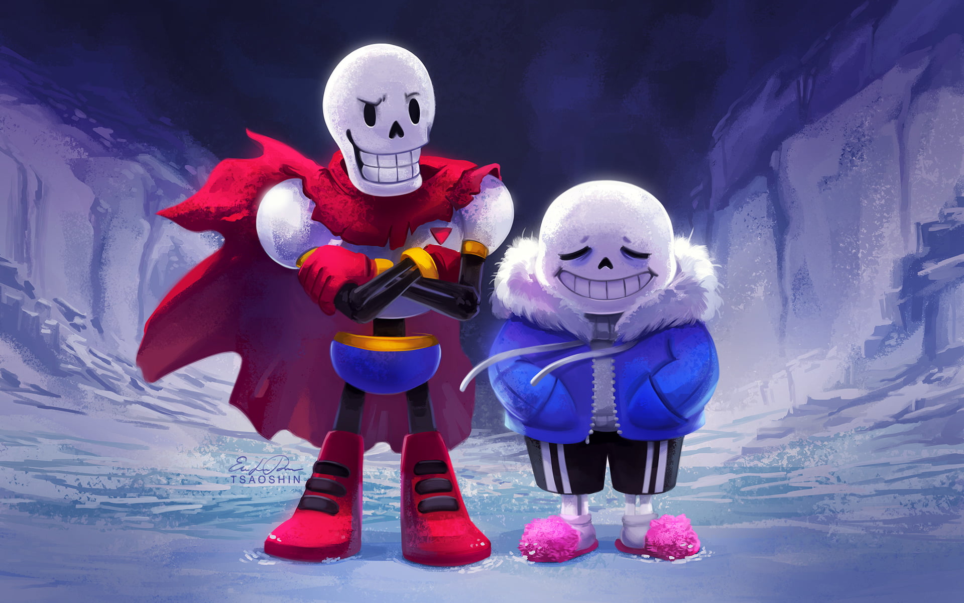 winter, blue, toy, fun, clothing, characters, snowman, Undertale, childhood, 1080P, celebration, nature, snow, cold temperature, skeleton, people, HD Wallpaper
