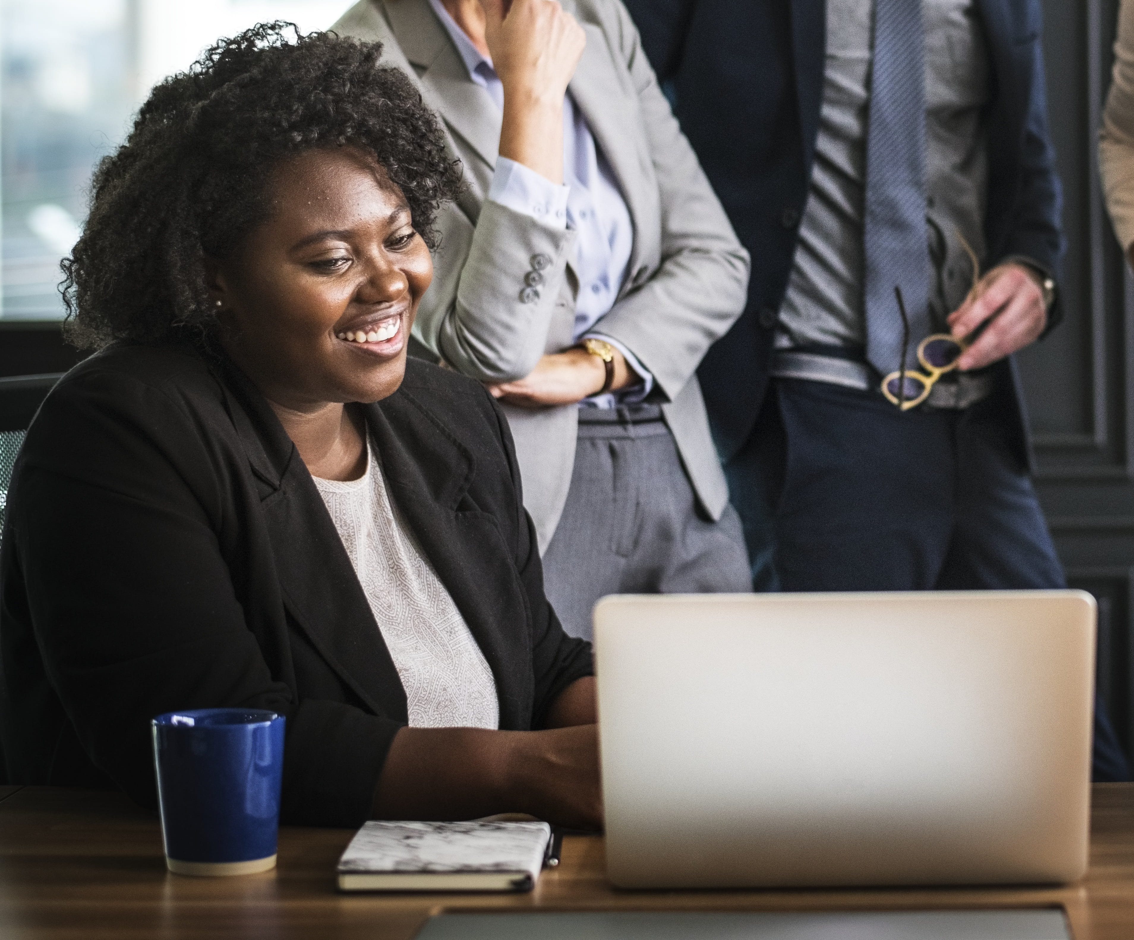 discussion, sitting, corporate business, computer, working, businessman, caucasian, digital device, coworker, cheerful, women, business, afro, laptop, teamwork, HD Wallpaper
