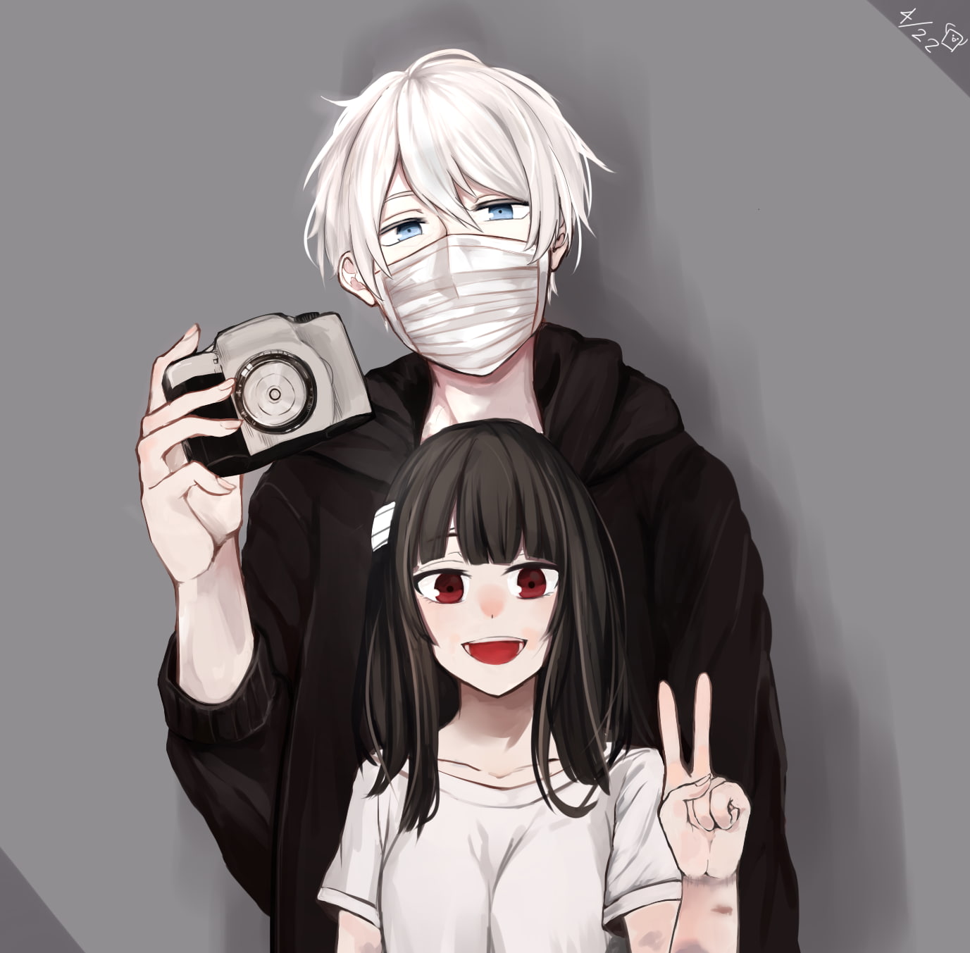 holding, anime, disguise, Onii-san (Sachi-iro no One Room), anime girls, women, horror, mask, studio shot, indoors, black color, spooky, people, hairstyle, HD Wallpaper