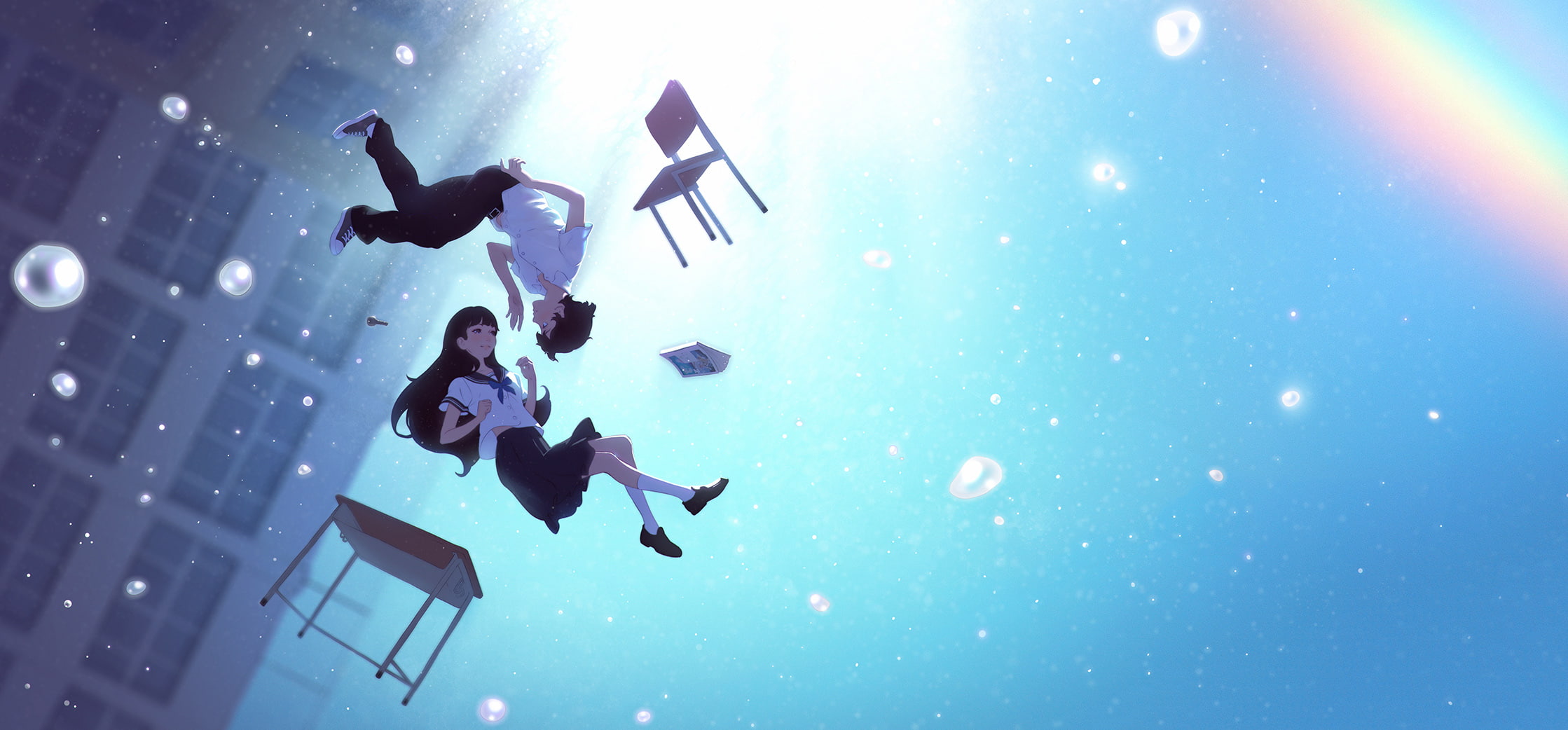 fantasy art, original characters, digital art, artwork, 1080P, anime girls, underwater, weightlessness, anime boys, HD Wallpaper