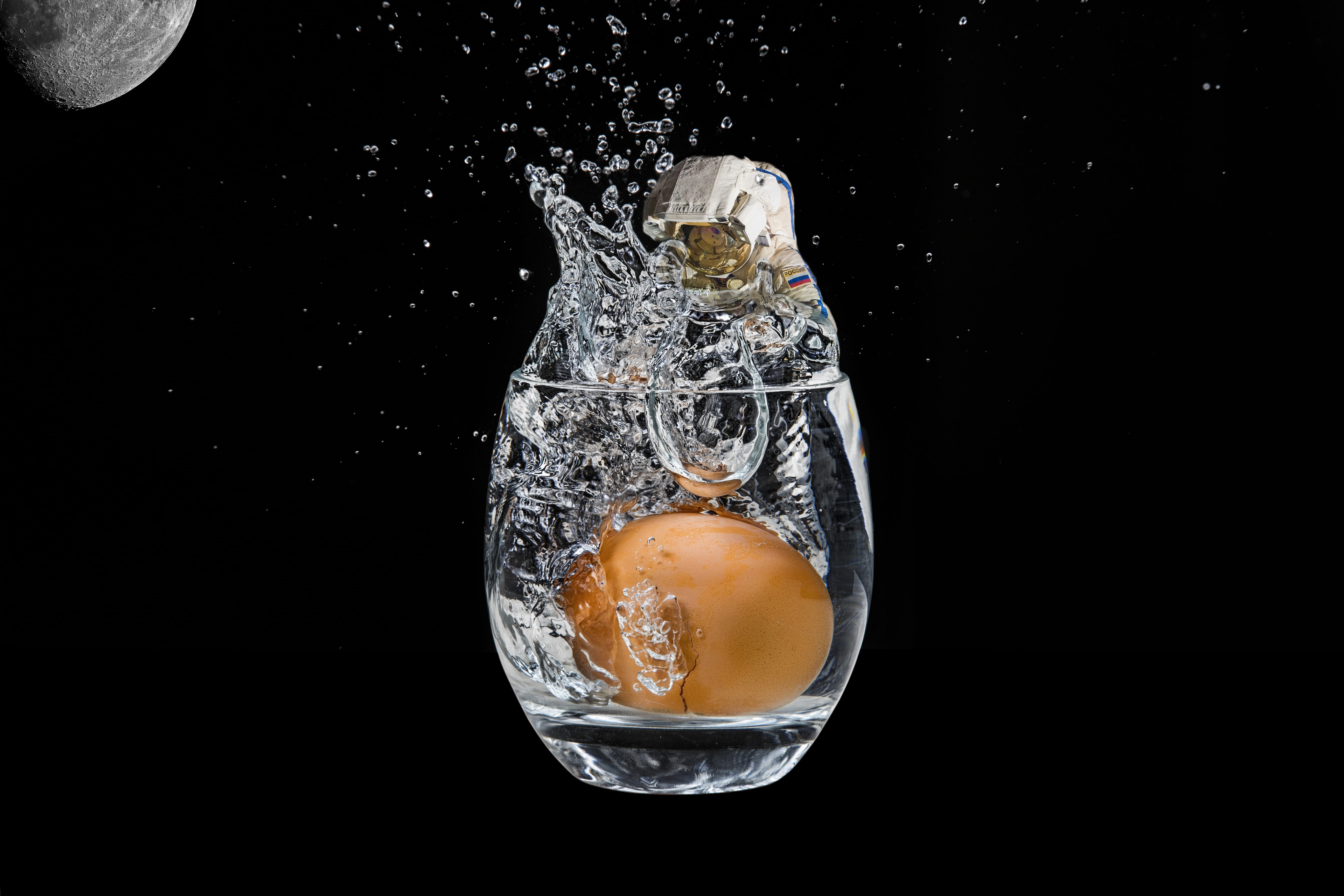 cut out, close-up, spray, studio shot, black background, glass, high-speed photography, joke, 5K, no people, indoors, refreshment, egg, splashing, freshness, HD Wallpaper