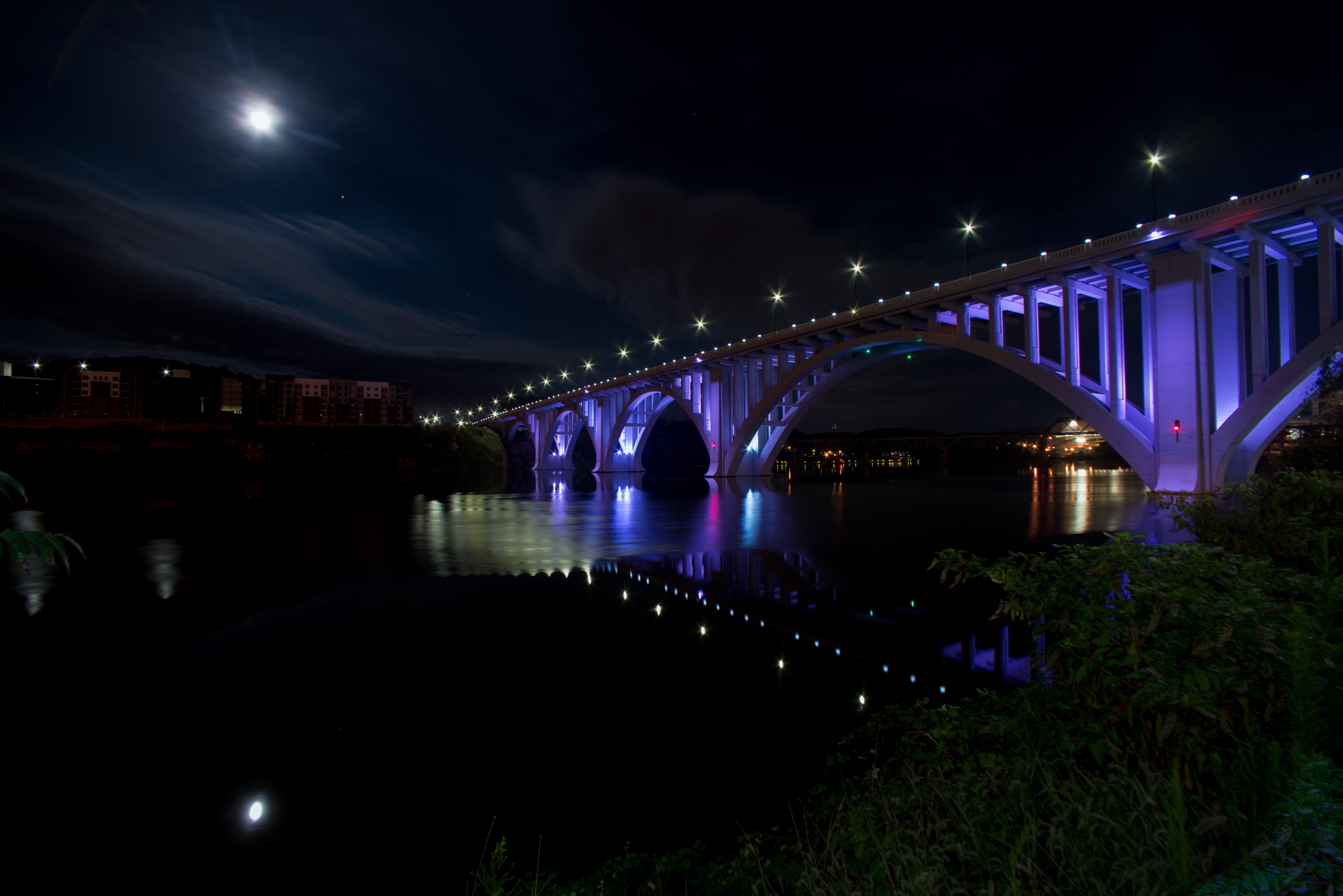 architecture, nature, nightlife, travel destinations, arch bridge, river, purple, cloud - sky, knoxville, building exterior, built structure, outdoors, HD Wallpaper