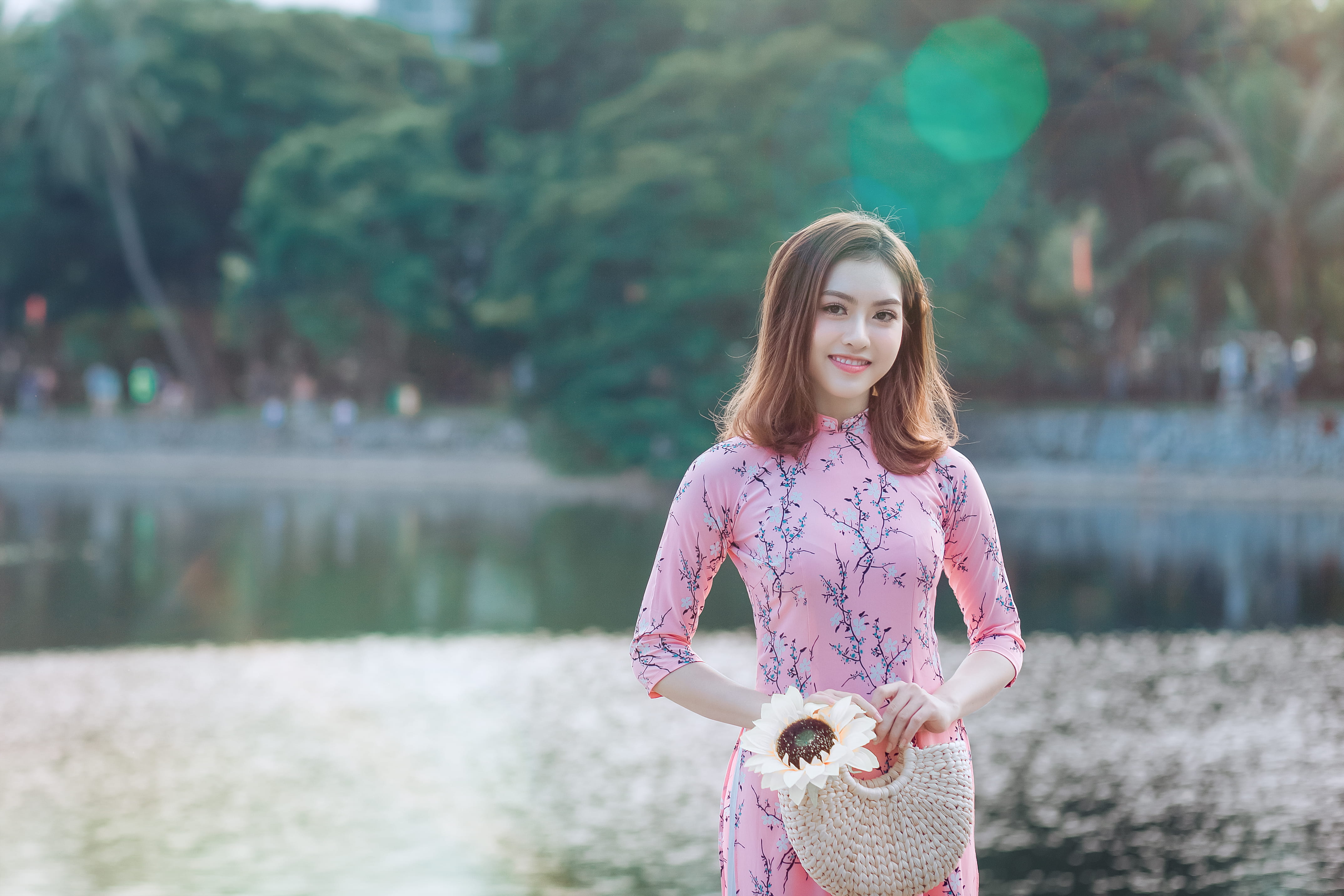 leisure activity, outdoors, style, wearing, pink, summer, cute, lake, girls, photoshoot, hair, model, pretty, focus on foreground, pose, 4K, person, girl, HD Wallpaper