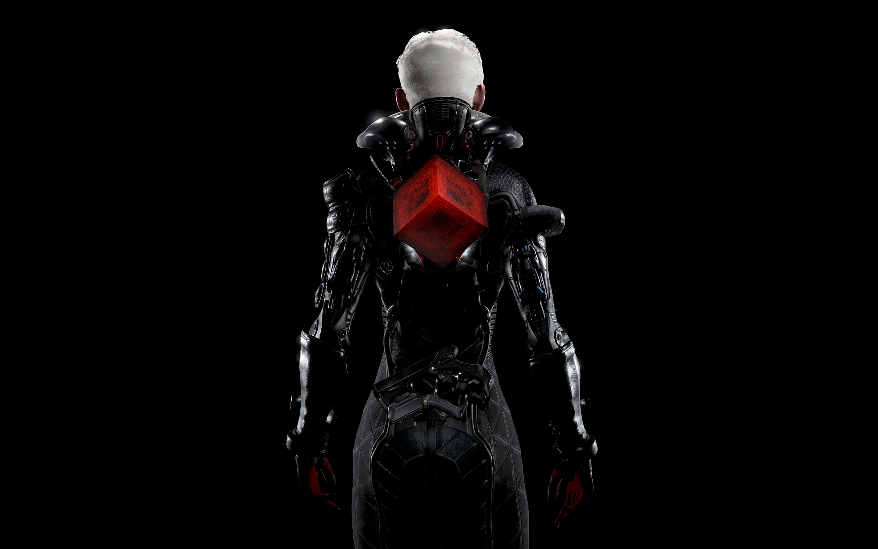 Game, machinery, copy space, red, representation, standing, k, weapon, portrait, clothing, black background, dark, 2K, black color, Echo, technology, one person, HD Wallpaper