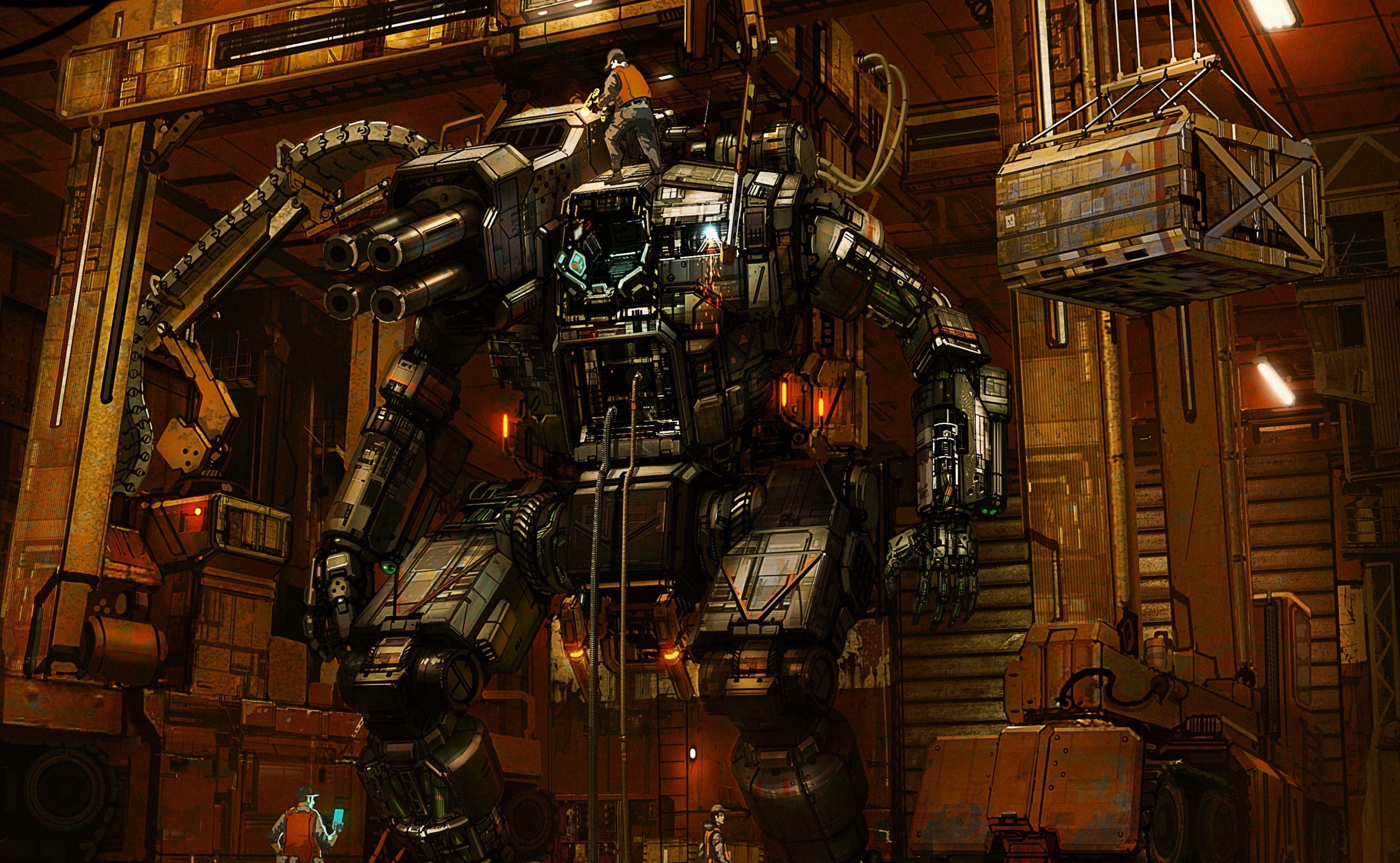 technology, industrial equipment, built structure, equipment, futuristic, artwork, complexity, 2K, Battletech, no people, low angle view, BattleMech, indoors, HD Wallpaper