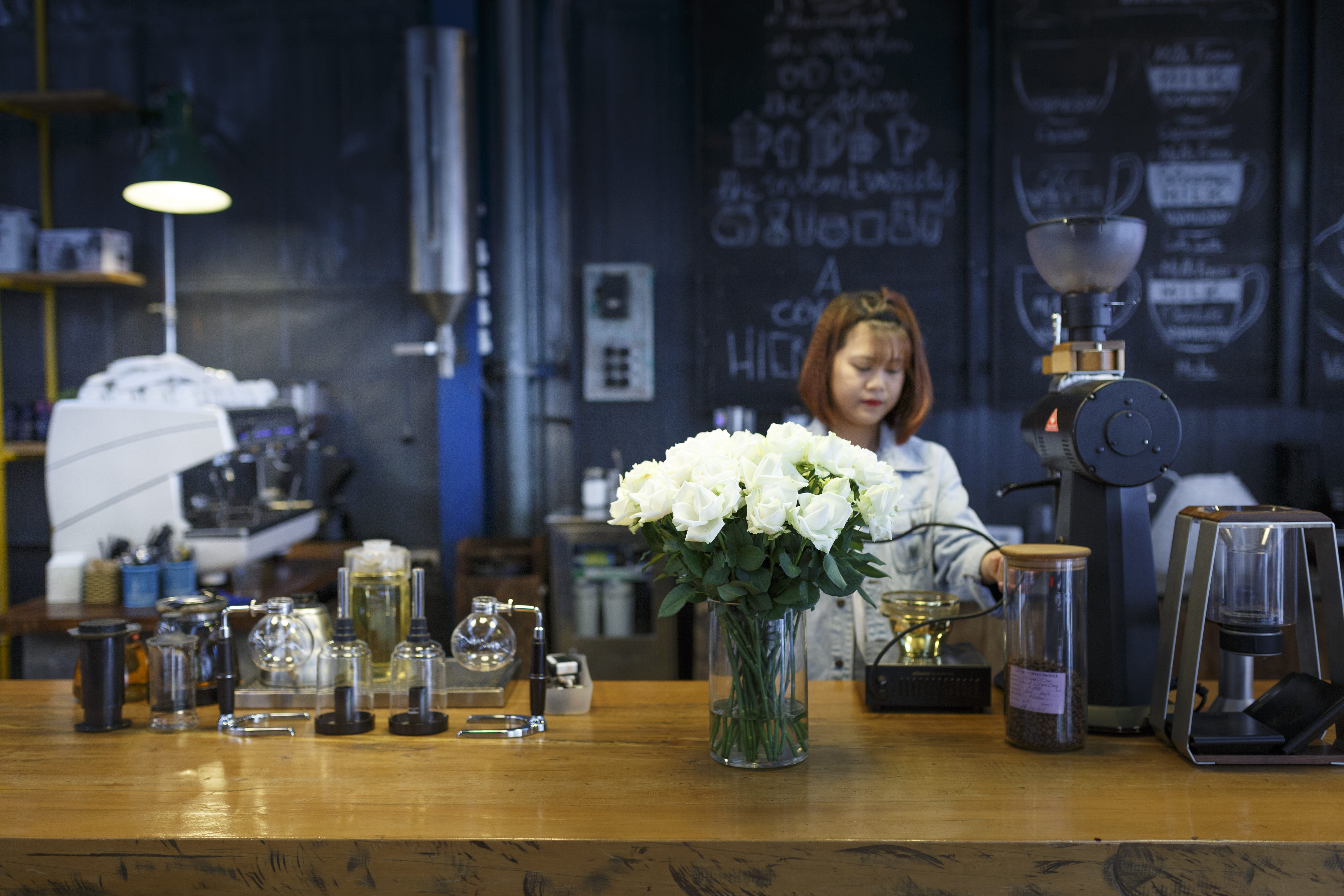 bar counter, equipment, blue, flowering plant, jacket, technology, kettle, indoors, working, portrait, flower, coffee shop, 5K, woman, stock, wearing, HD Wallpaper