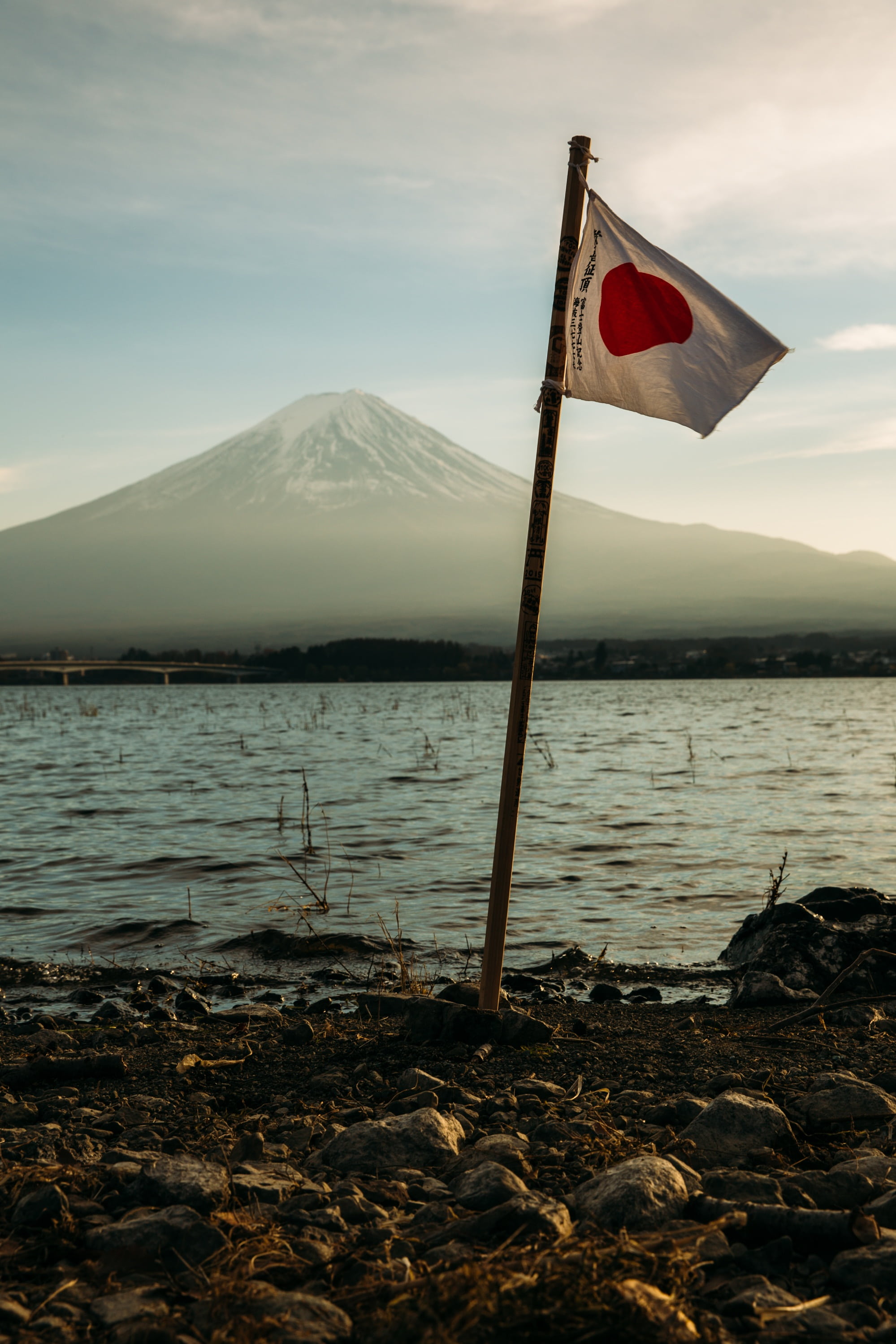 mountain, seashore, patriotism, scenics - nature, no people, coast, fuji, mountain range, tranquility, ocean, day, photo, rocks, pole, tranquil scene, lake, Phone HD Wallpaper