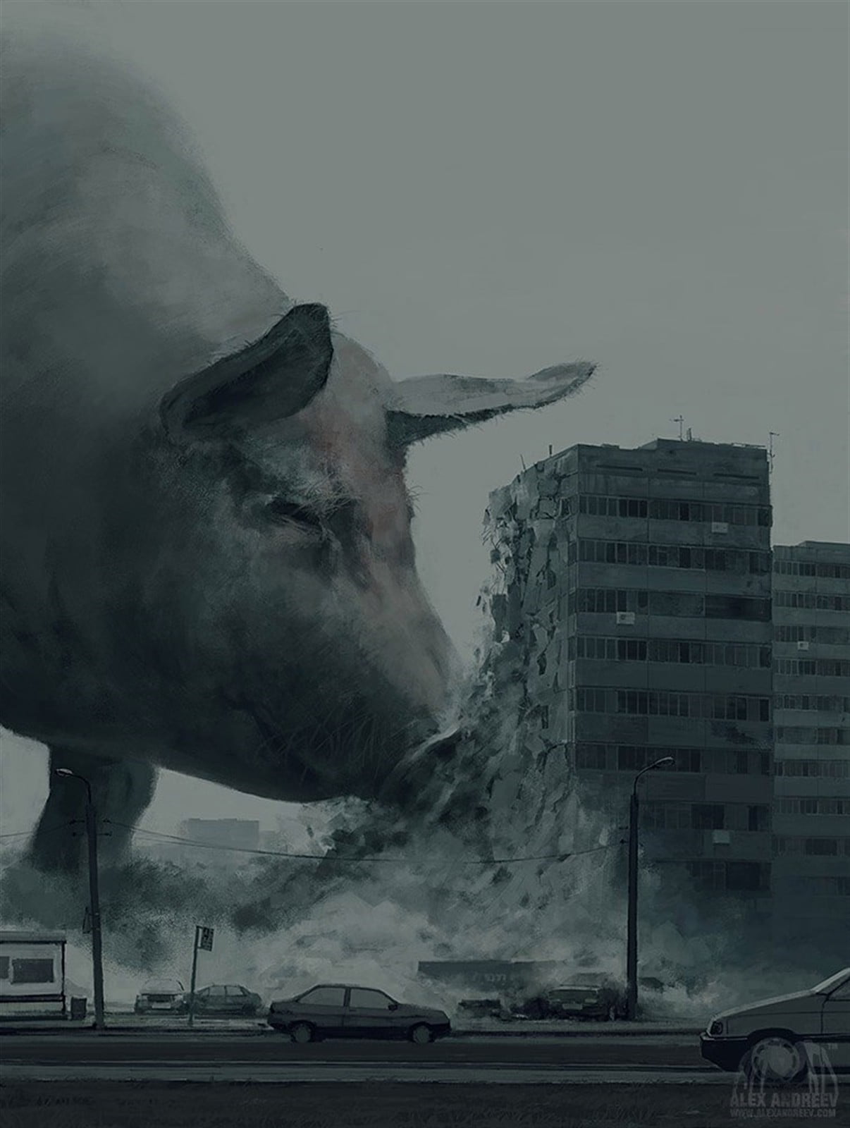 dog, mammal, 720P, city, artwork, Alexey Andreev, architecture, building exterior, cloud - sky, sky, fog, animal, animal themes, car, no people, short, Phone HD Wallpaper