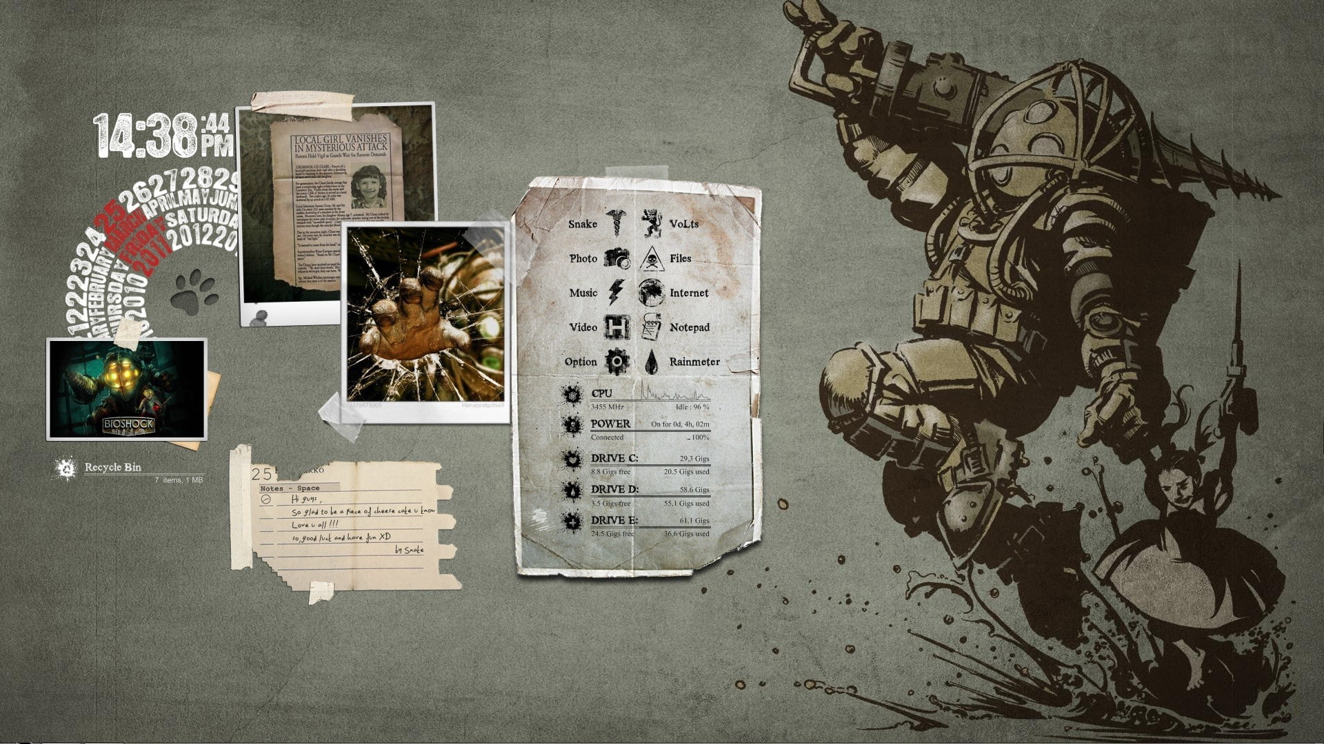 no people, bioshock rapture big daddy little sister video games mr bubbles rainmeter, 1080P, arts culture and entertainment, musical instrument, musical note, HD Wallpaper