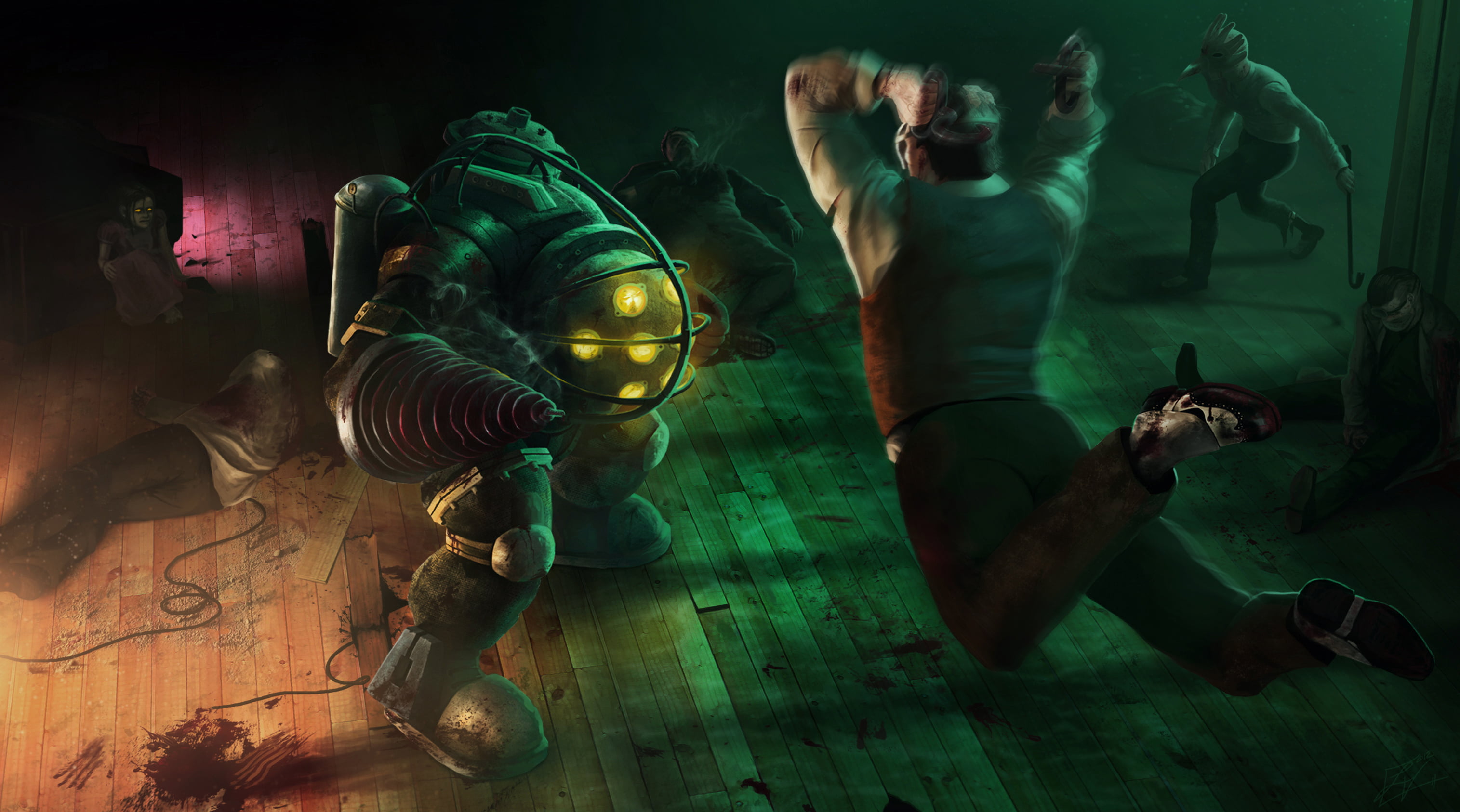 women, lifestyles, digital, full length, jump, real people, Bioshock, holding, digital composite, men, attack, indoors, blood, males, mature men, HD Wallpaper