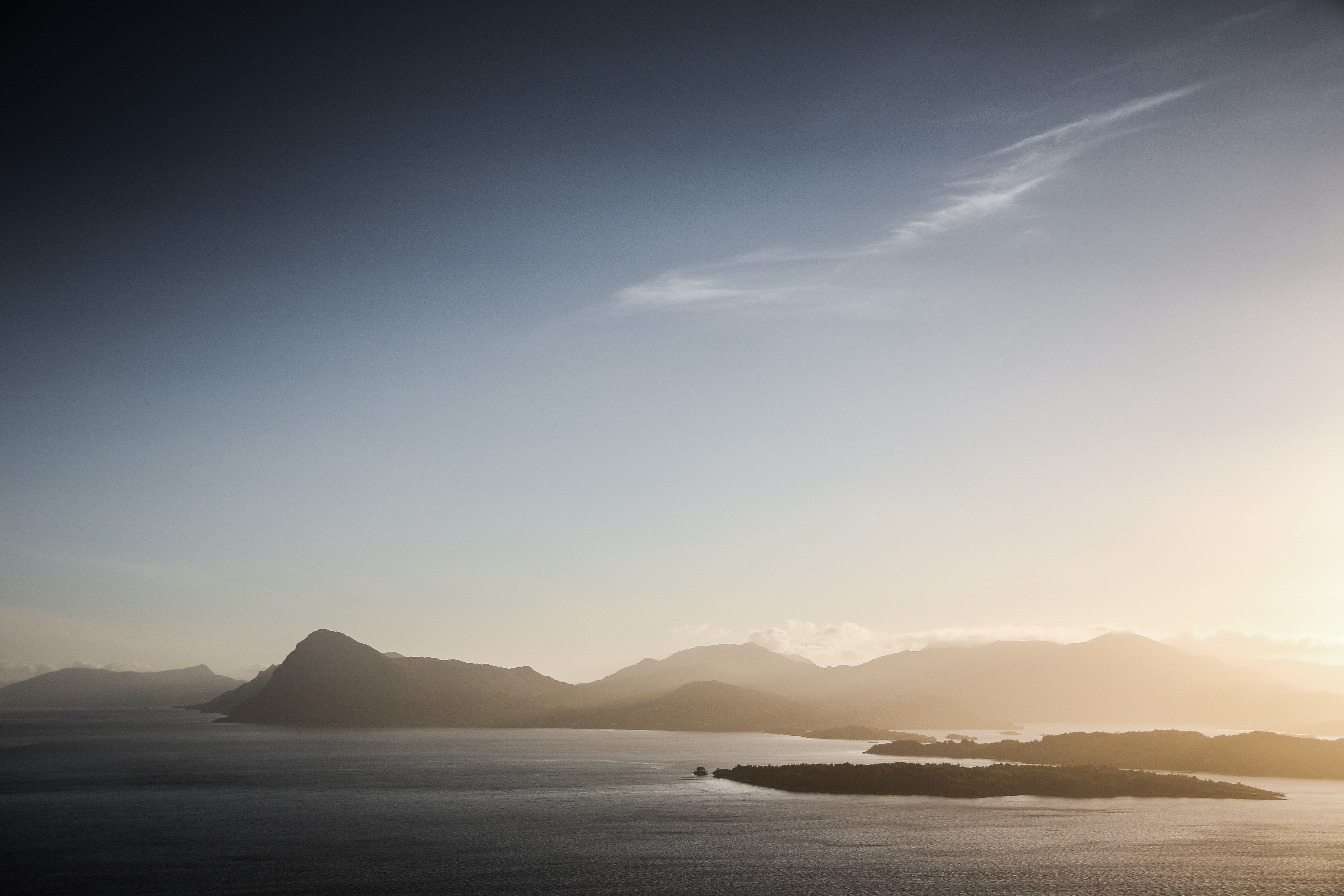 sunset, idyllic, sky, island, mountain range, Norway, sunbeam, sunlight, sea, no people, Lid, tranquil scene, clouds, scenics - nature, beauty in nature, HD Wallpaper