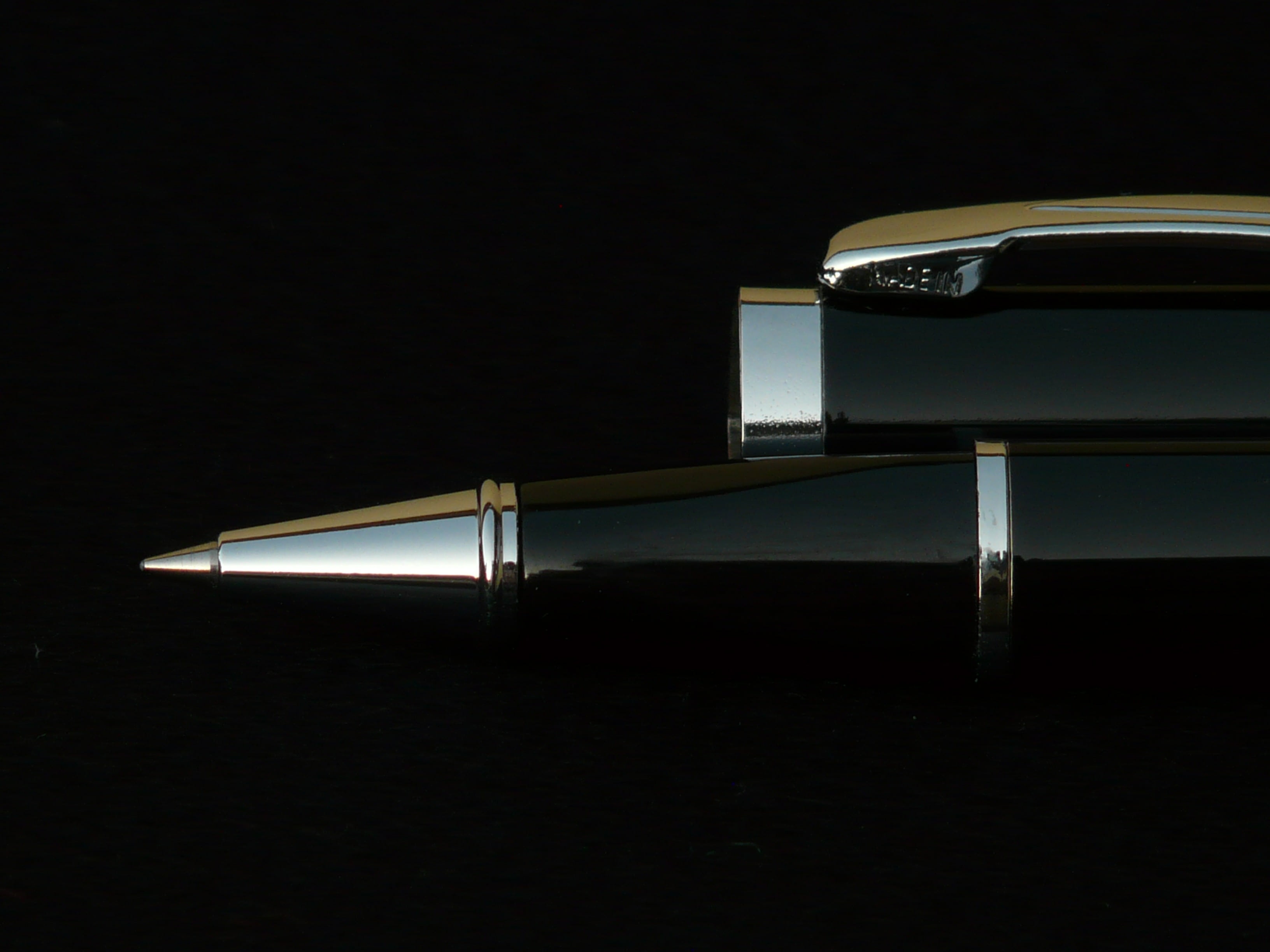 gold colored, leave, silver colored, office accessories, close-up, black, office supplies, ink, publication, black background, writing, nib, pen, wealth, HD Wallpaper