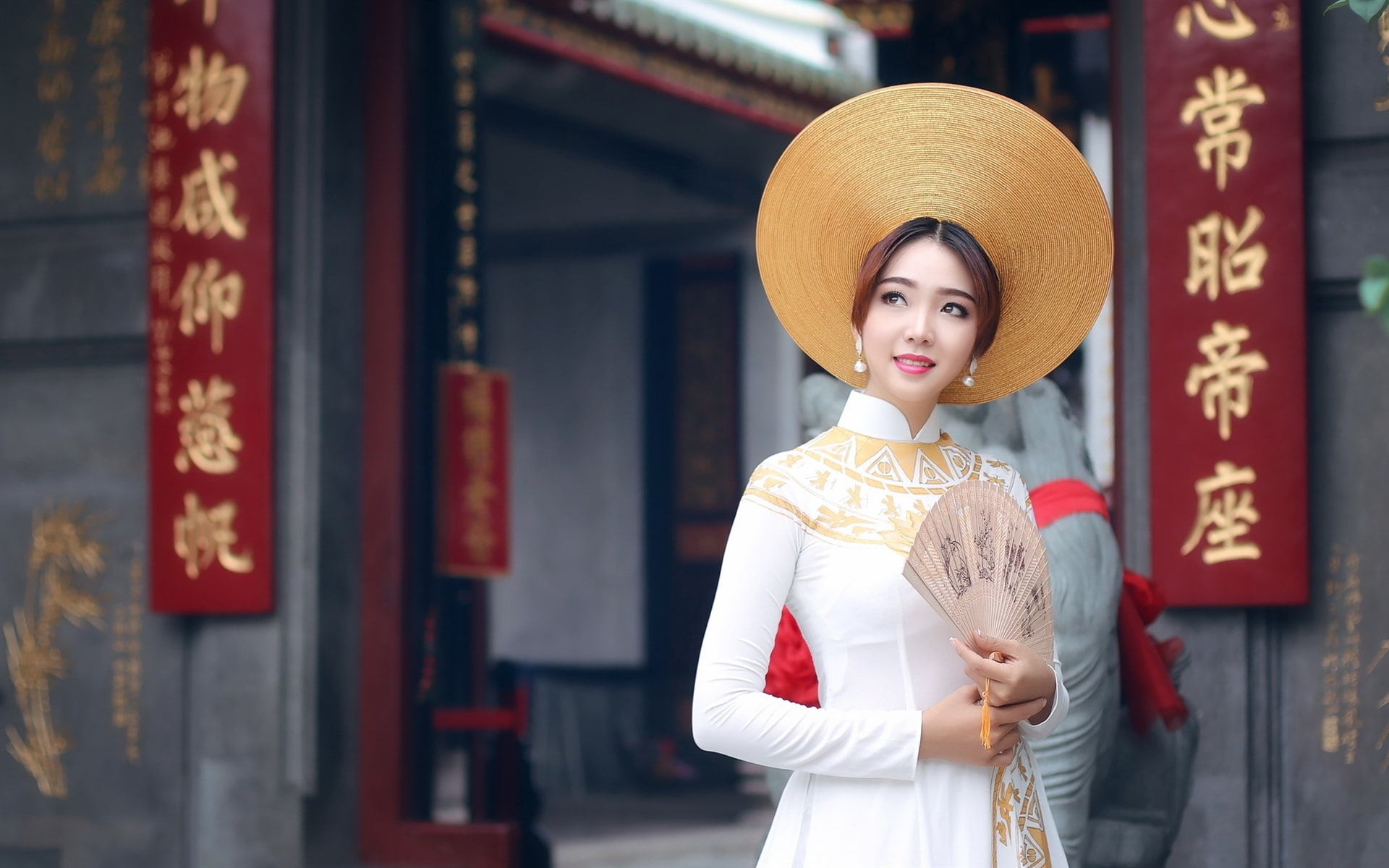 long, white, women, dress, China, Girl, 1080P, Asian, s, sleeve, HD Wallpaper