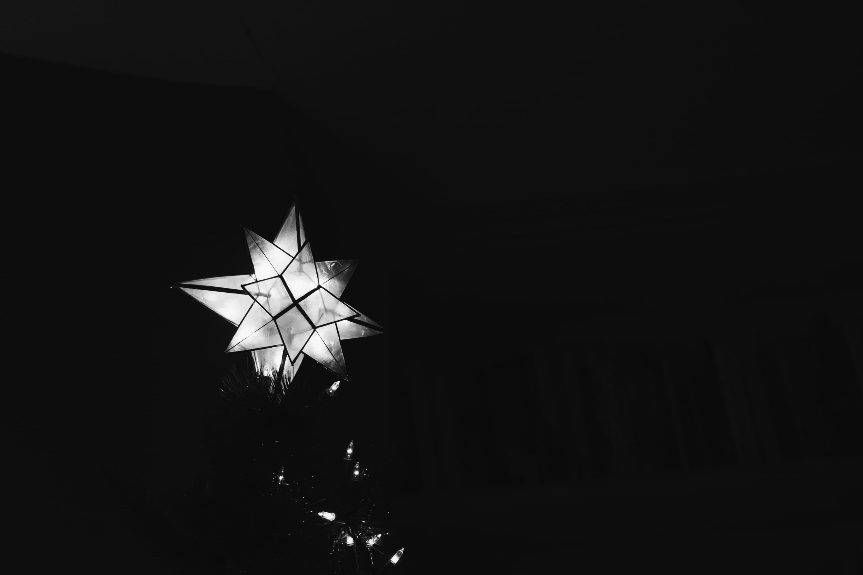 lights, black and white, shape, illuminated, no people, panes, points, black color, creativity, decoration, christmas tree, low angle view, silhouette, HD Wallpaper