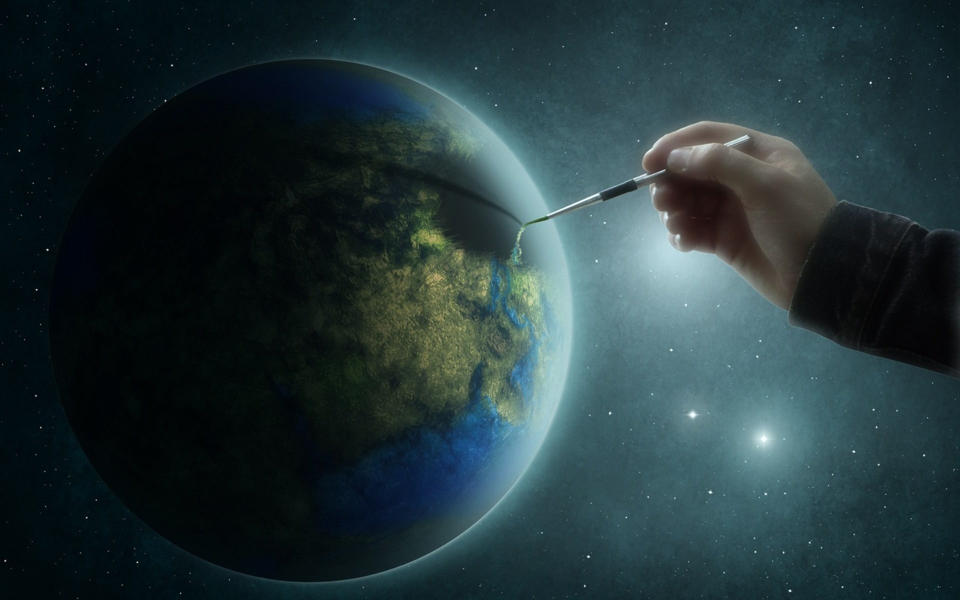 space, hands, illustration, 1080P, abstract, earth, stars, world, HD Wallpaper