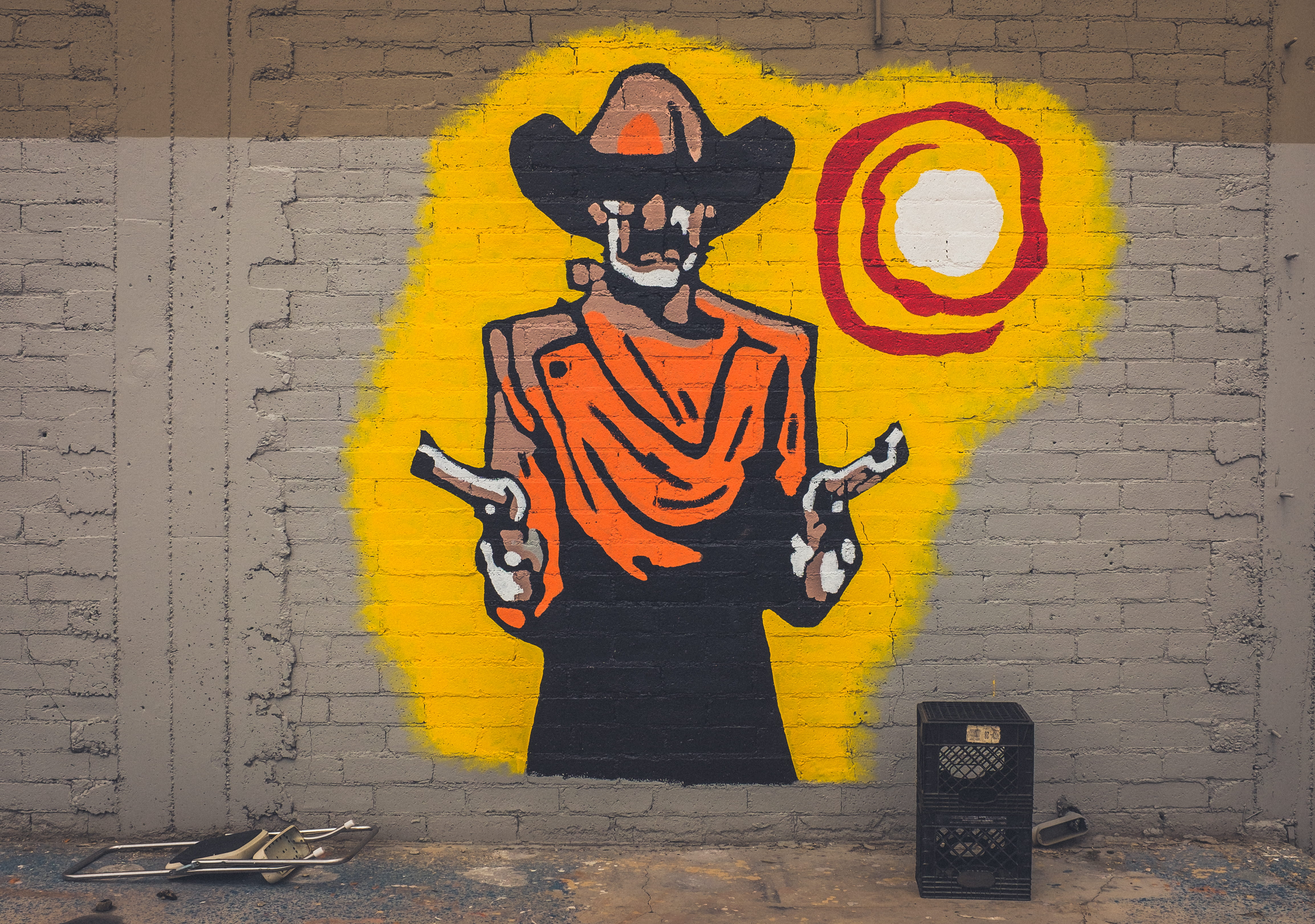 united states, wall - building feature, creativity, mural, cowboy, architecture, front view, representation, art, text, 4K, male likeness, wall, street art, HD Wallpaper