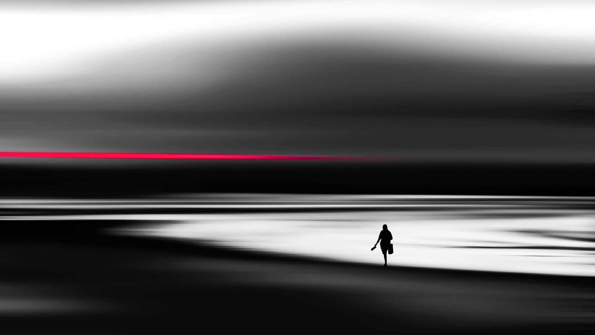 outdoors, horizon, digital art, night, art, transportation, artwork, 1080P, motion, road, unrecognizable person, city, black and white, darkness, walking, HD Wallpaper
