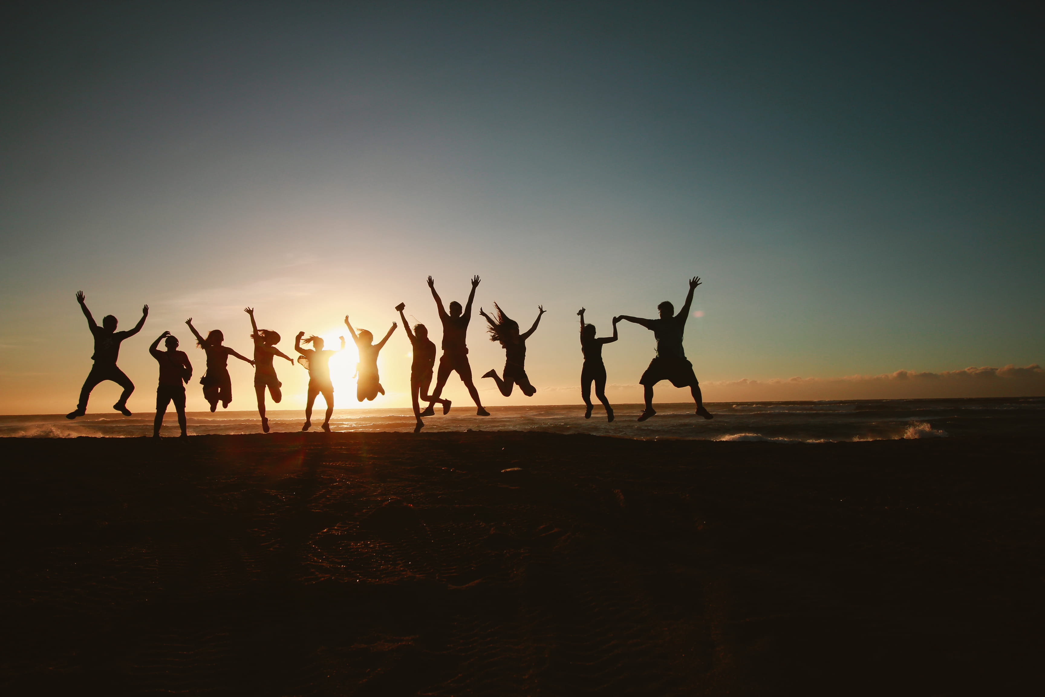 happiness, silhouetted, vitality, lifestyles, landscape, friends, adult, travel, photoshoot, golden, copy space, group of people, human arm, sunset, nature, HD Wallpaper