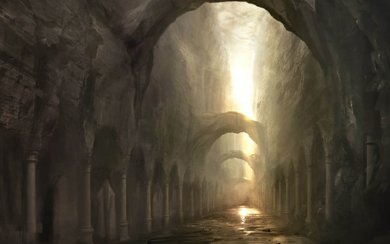 colonnade, day, sunlight, the way forward, light at the end of the tunnel, ancient civilization, built structure, direction, arch, no people, fantasy art, HD Wallpaper
